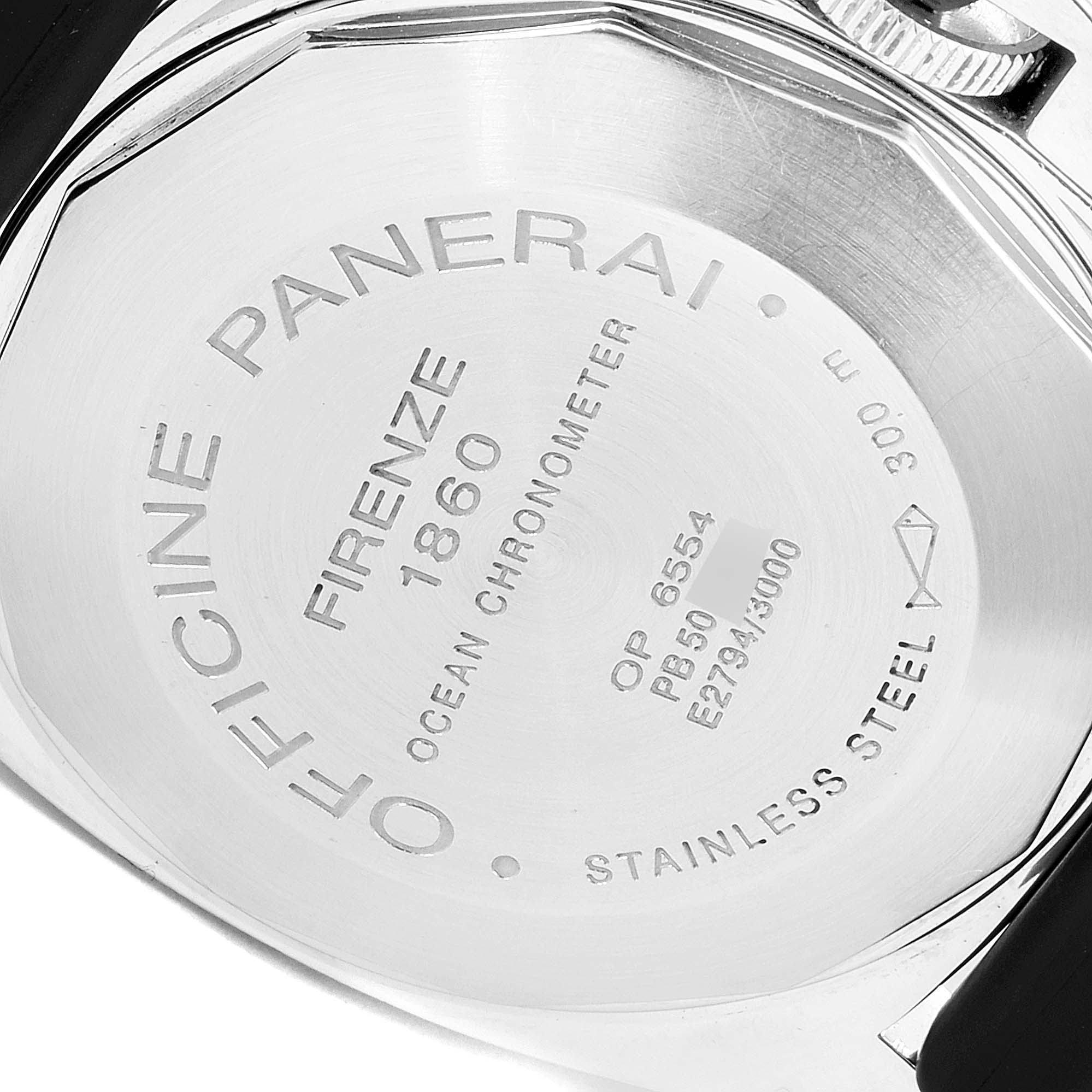 The image shows the case back of a Panerai Luminor PAM00088 Men
s Stainless Steel Black Dial PAM00088 Men
s Stainless Steel Black Dial watch, highlighting engraved details and the crown.