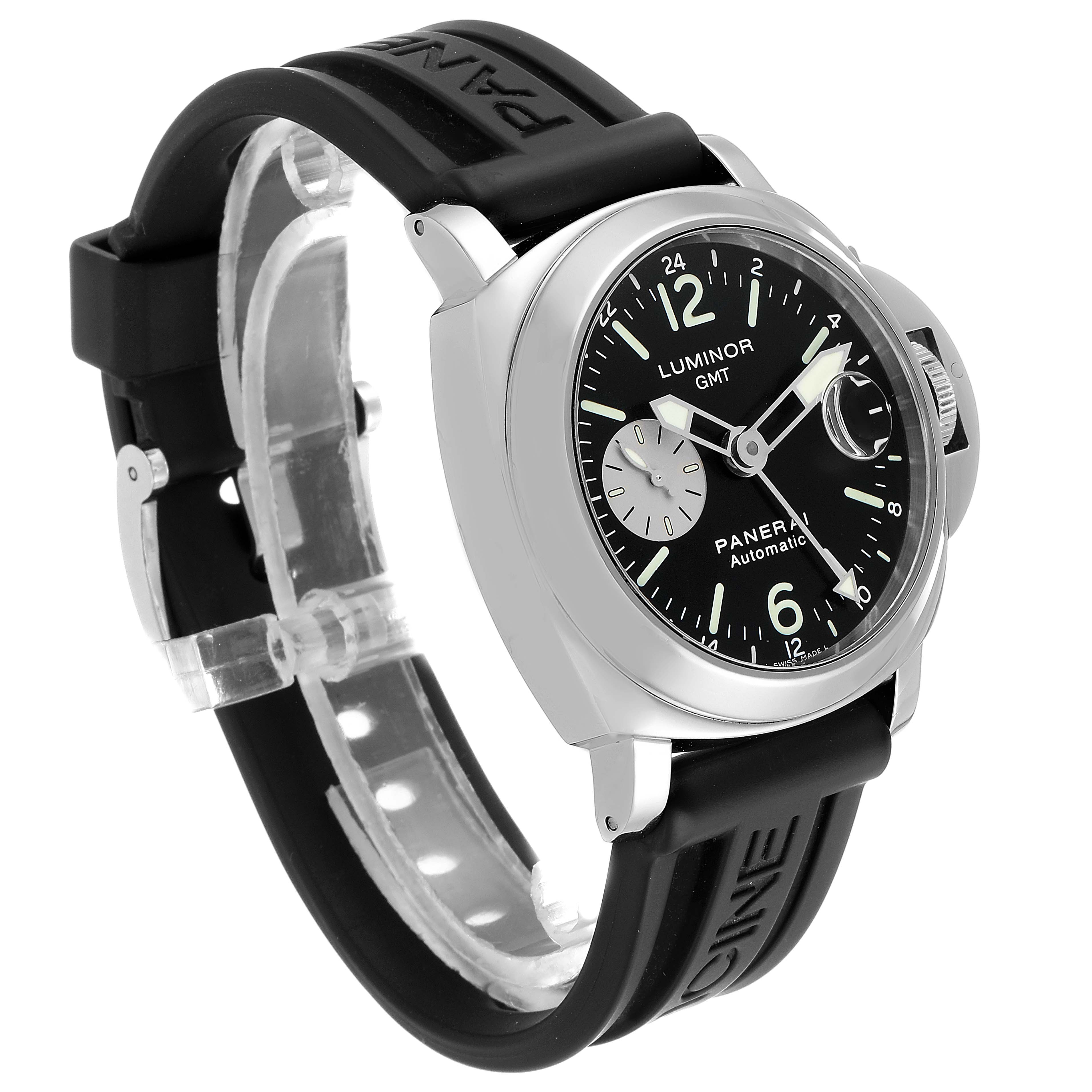 This image shows a Panerai Luminor PAM00088 Men
s Stainless Steel Black Dial PAM00088 Men
s Stainless Steel Black Dial GMT watch from an angled side view, highlighting its black dial, rubber strap, and crown guard.
