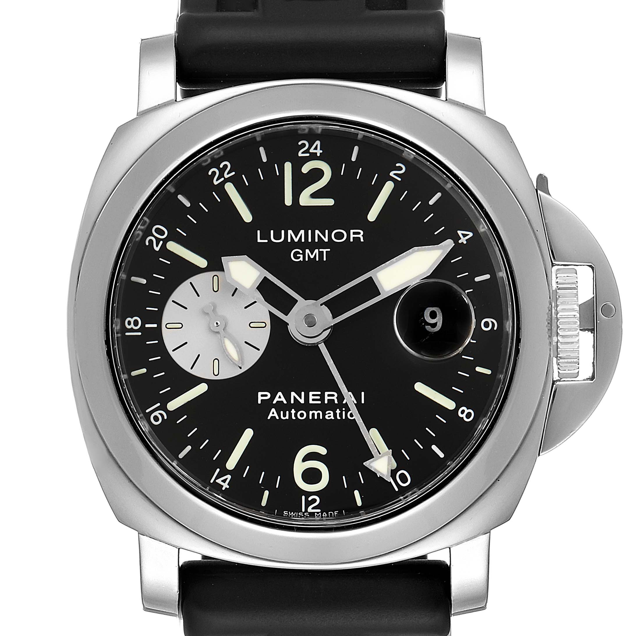 The image shows a close-up, front view of a Panerai Luminor PAM00088 Men
s Stainless Steel Black Dial PAM00088 Men
s Stainless Steel Black Dial GMT watch with a black dial and stainless steel case.