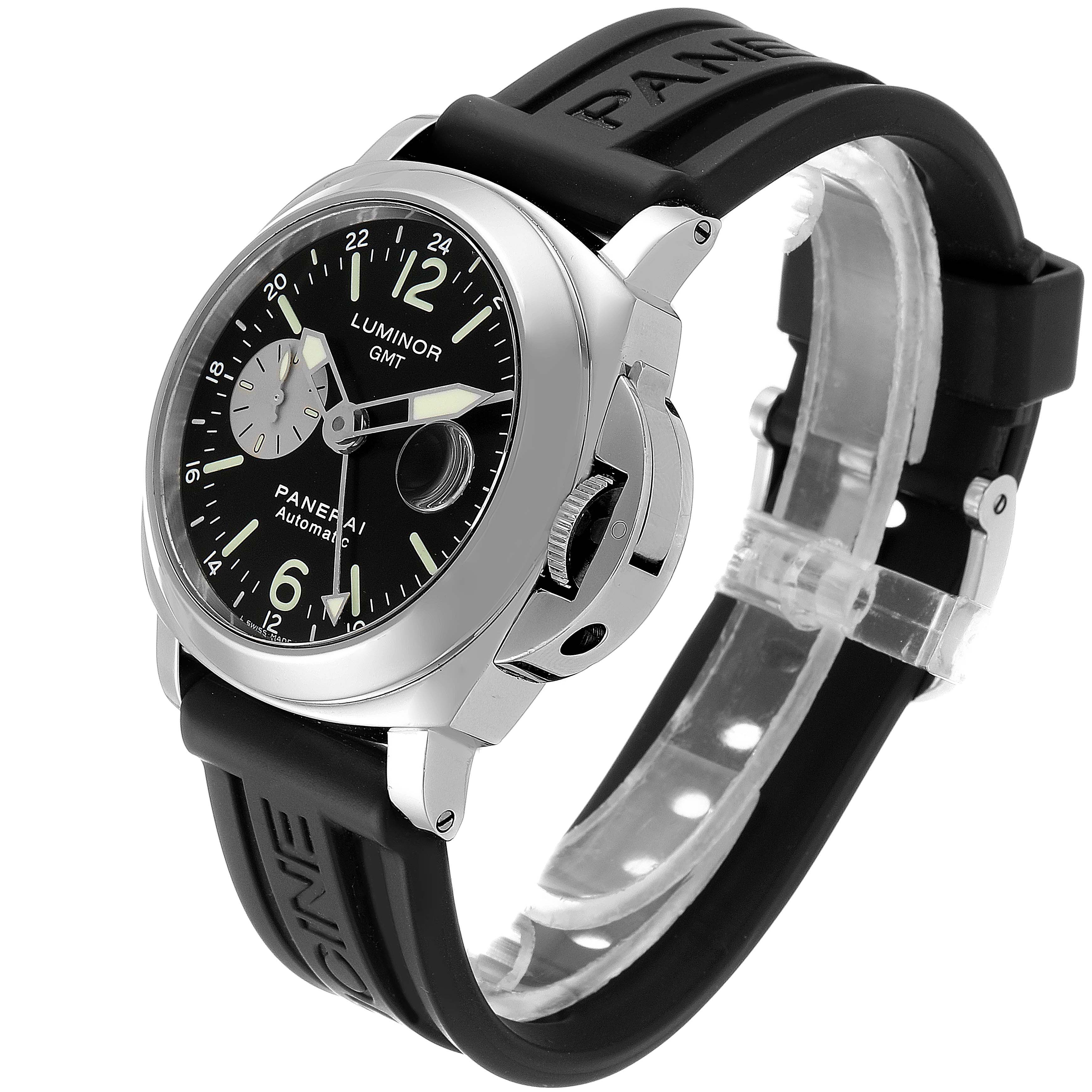 The image shows a Panerai Luminor PAM00088 Men
s Stainless Steel Black Dial PAM00088 Men
s Stainless Steel Black Dial watch at a slight angle displaying the dial, crown guard, and rubber strap.