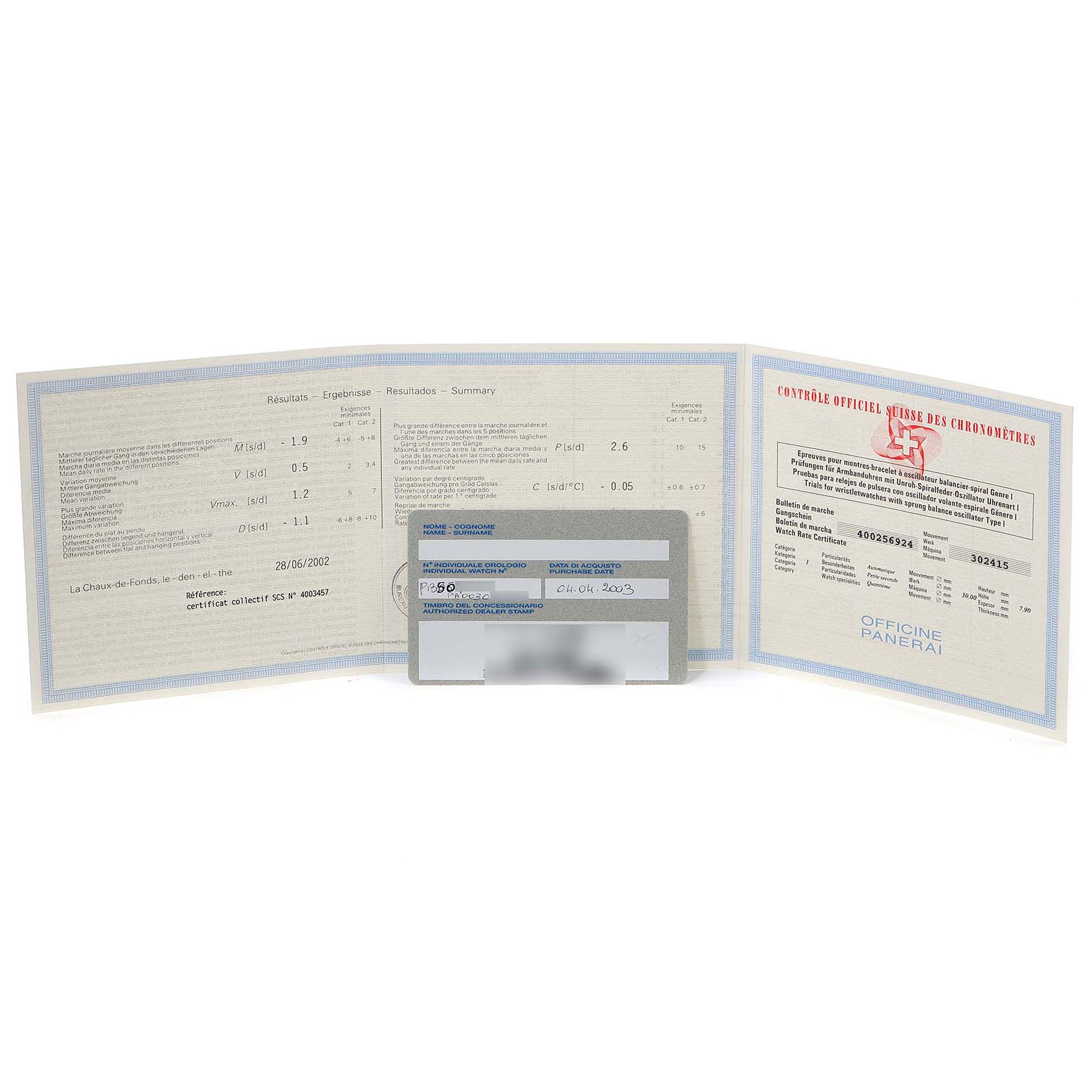 The image shows the certification paperwork and warranty card for a Panerai Luminor PAM00088 Men
s Stainless Steel Black Dial PAM00088 Men
s Stainless Steel Black Dial watch.