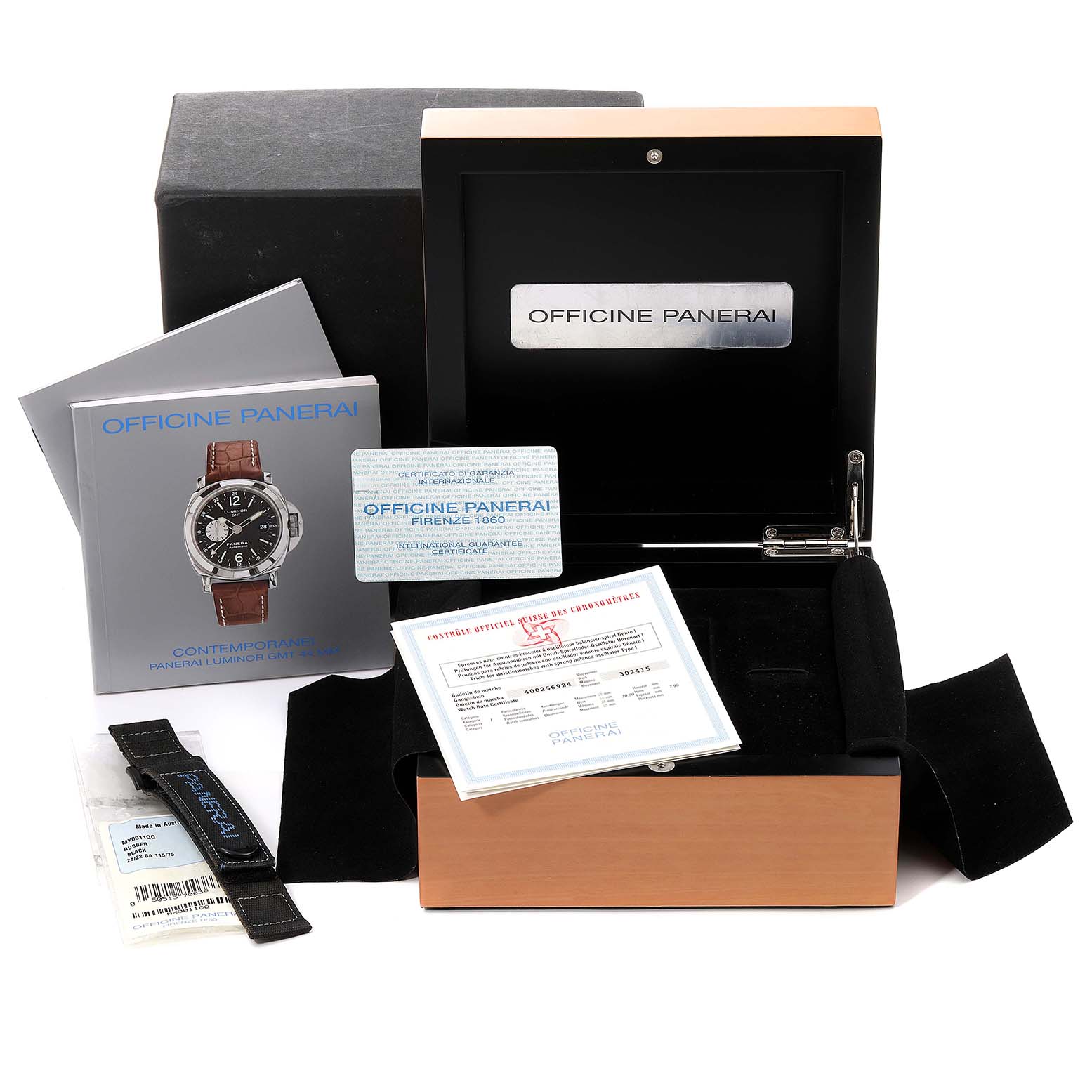 The image shows the packaging, warranty cards, booklet, and accessories for a Panerai Luminor PAM00088 Men
s Stainless Steel Black Dial PAM00088 Men
s Stainless Steel Black Dial watch.