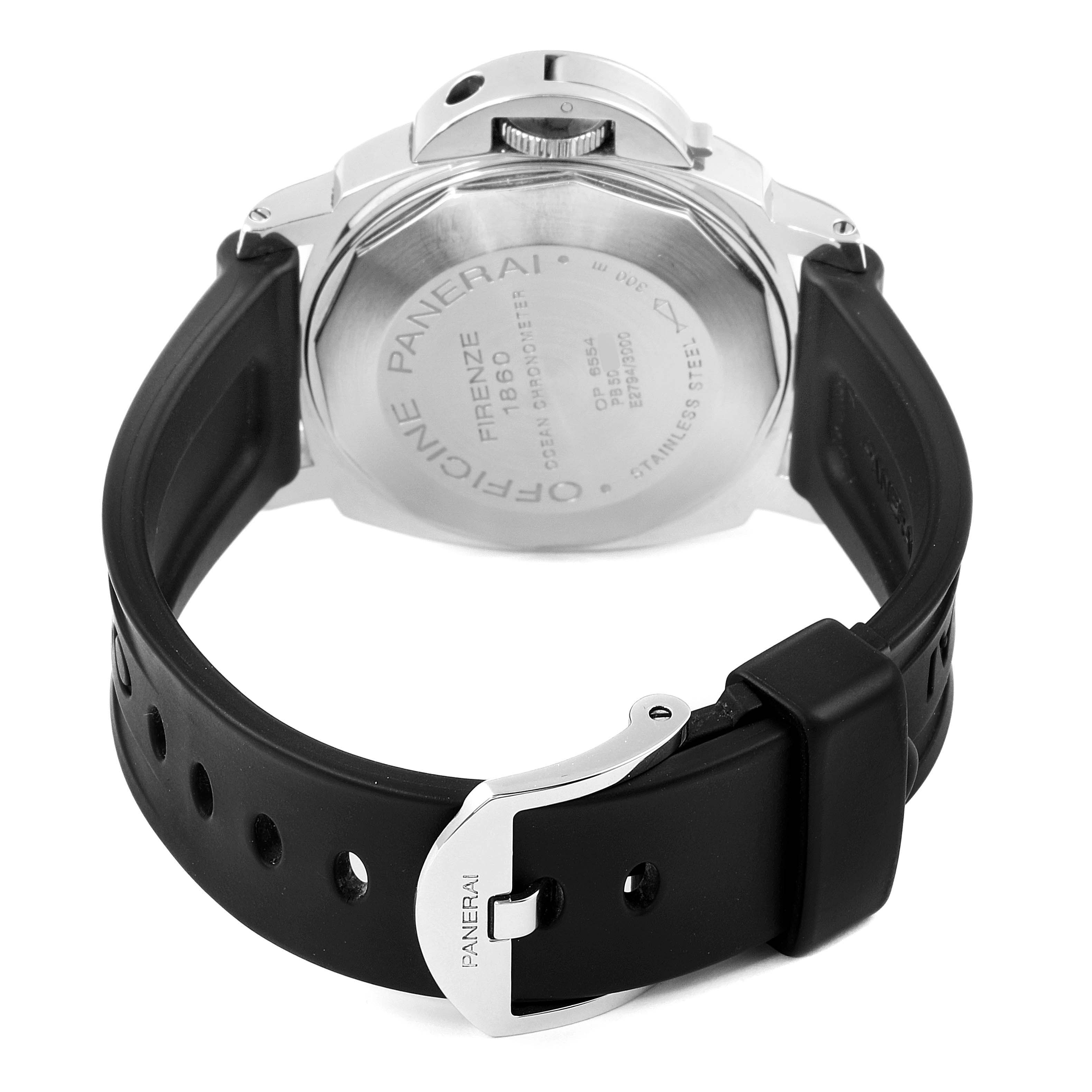 The image shows the back view of a Panerai Luminor PAM00088 Men
s Stainless Steel Black Dial PAM00088 Men
s Stainless Steel Black Dial watch showcasing the case back and black rubber strap with buckle.