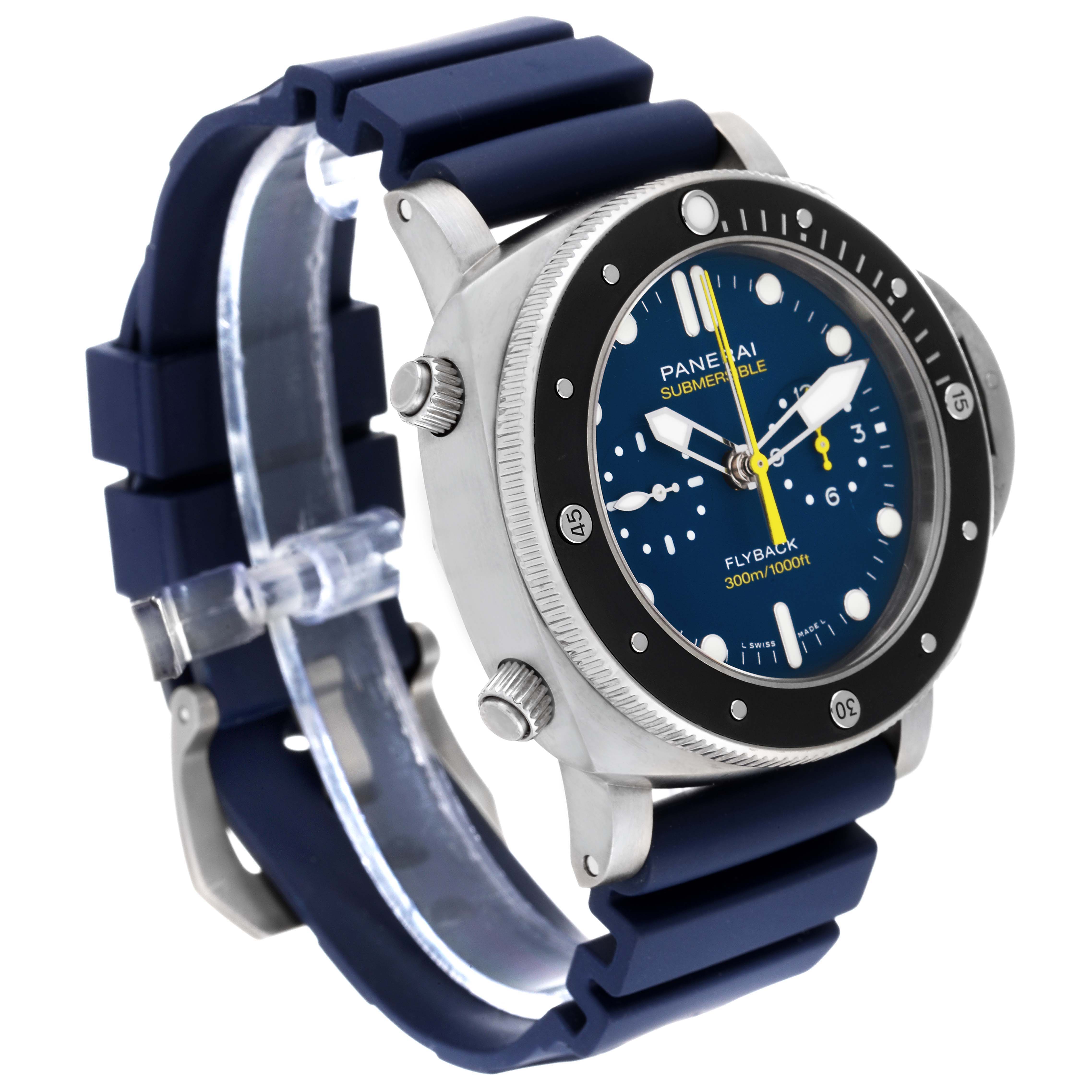 The image shows a Panerai Submersible PAM01291 Men's Titanium Blue Dial PAM01291 Men's Titanium Blue Dial watch at a front side angle, highlighting the bezel, dial, case, and rubber strap.