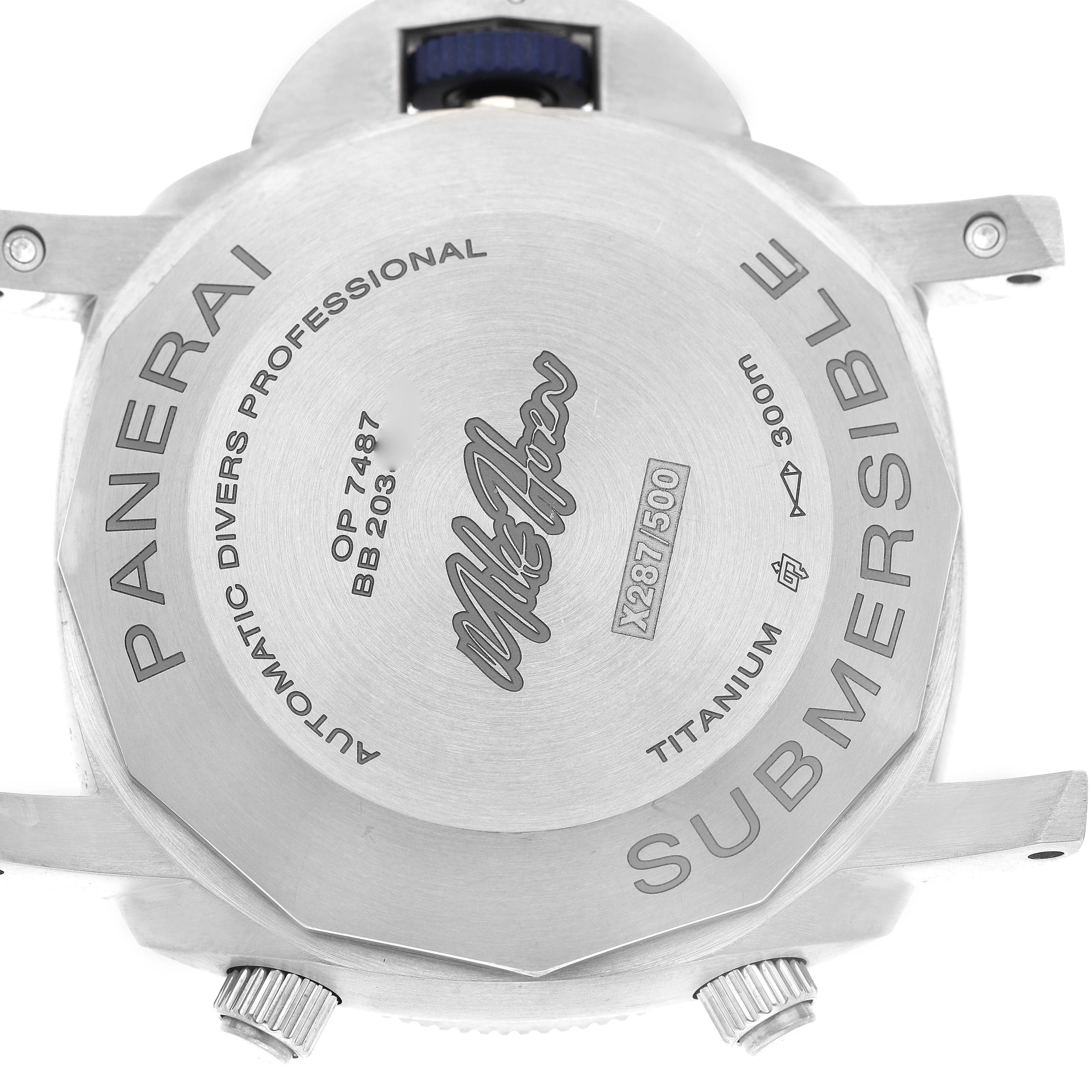 The image shows the back case of a Panerai Submersible PAM01291 Men's Titanium Blue Dial PAM01291 Men's Titanium Blue Dial watch in a top-down view, highlighting model details and specifications.