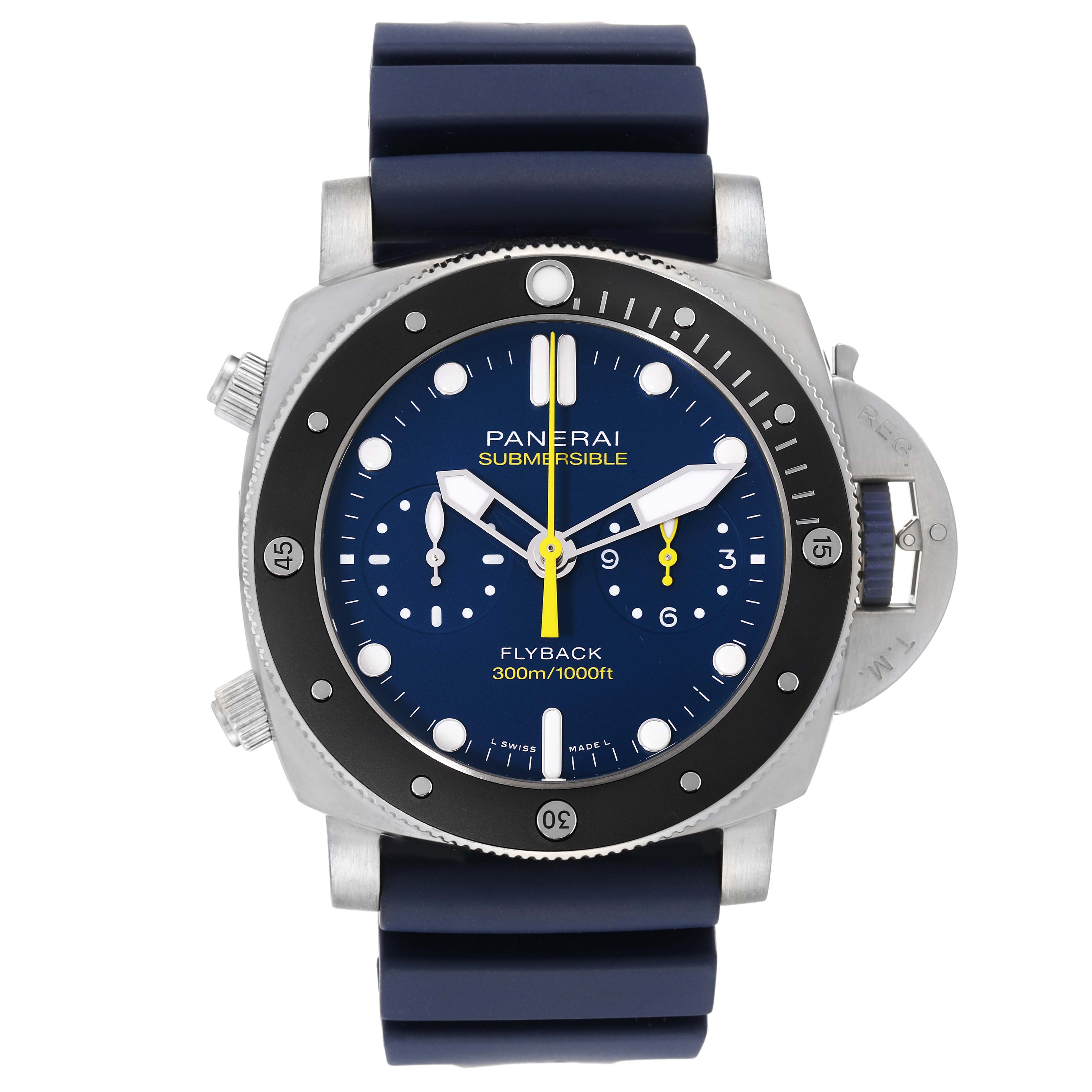 The image shows a front view of the Panerai Submersible PAM01291 Men's Titanium Blue Dial PAM01291 Men's Titanium Blue Dial watch, displaying its dial, bezel, and strap.