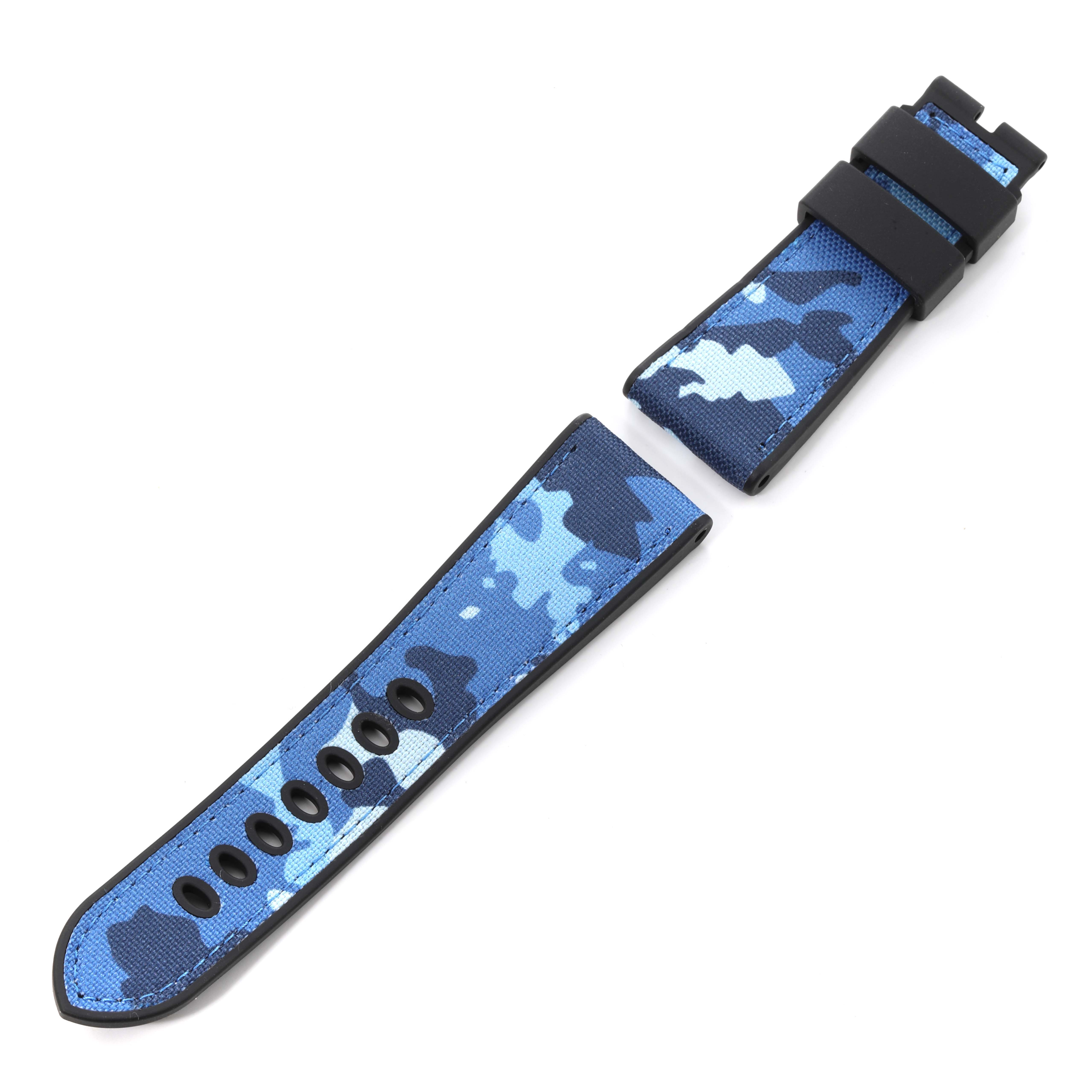 This image shows a blue camouflage strap for a Panerai Submersible PAM01291 Men's Titanium Blue Dial PAM01291 Men's Titanium Blue Dial watch at a top-down angle.