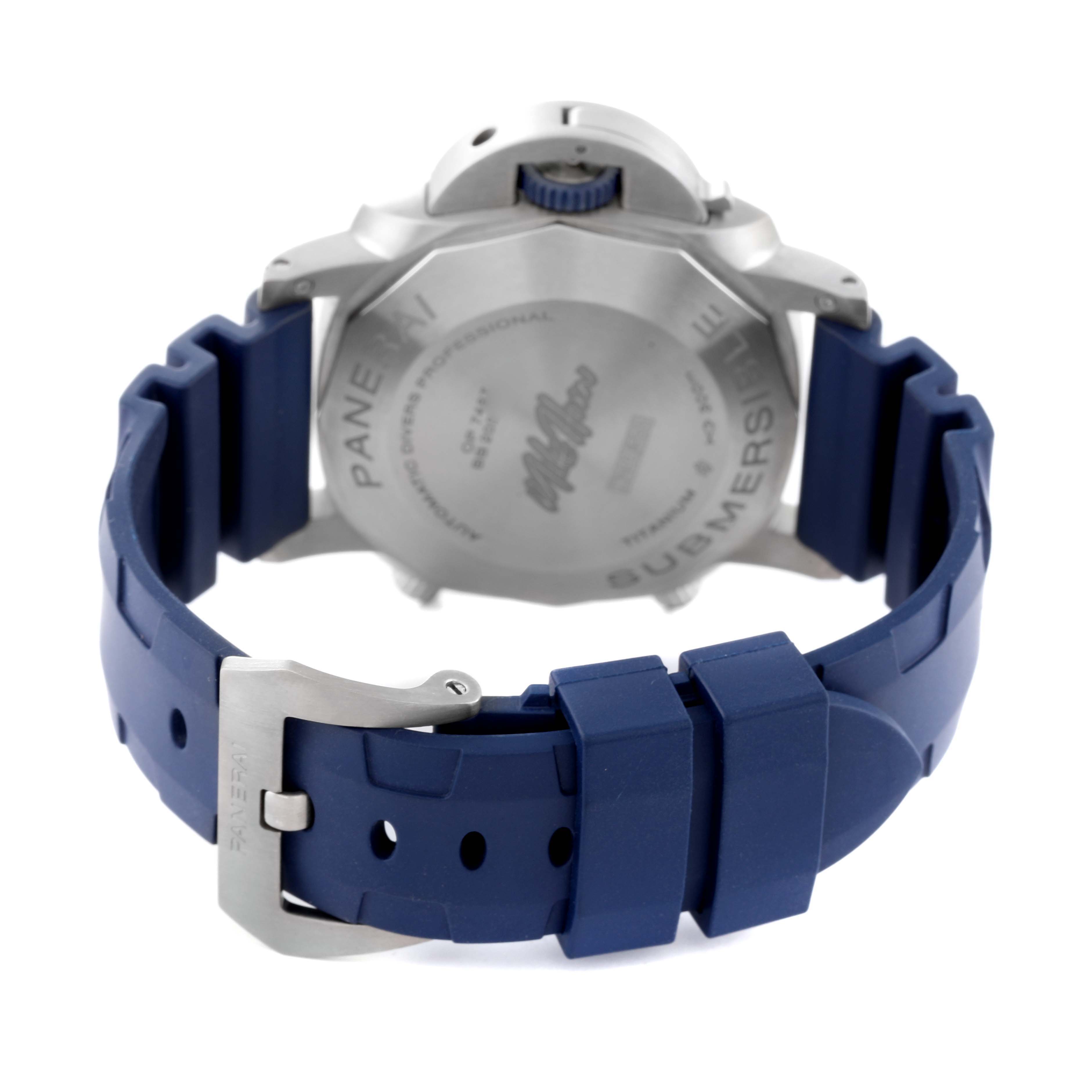 This image shows the back view of a Panerai Submersible PAM01291 Men's Titanium Blue Dial PAM01291 Men's Titanium Blue Dial watch, highlighting its case back and blue rubber strap with a metal buckle.
