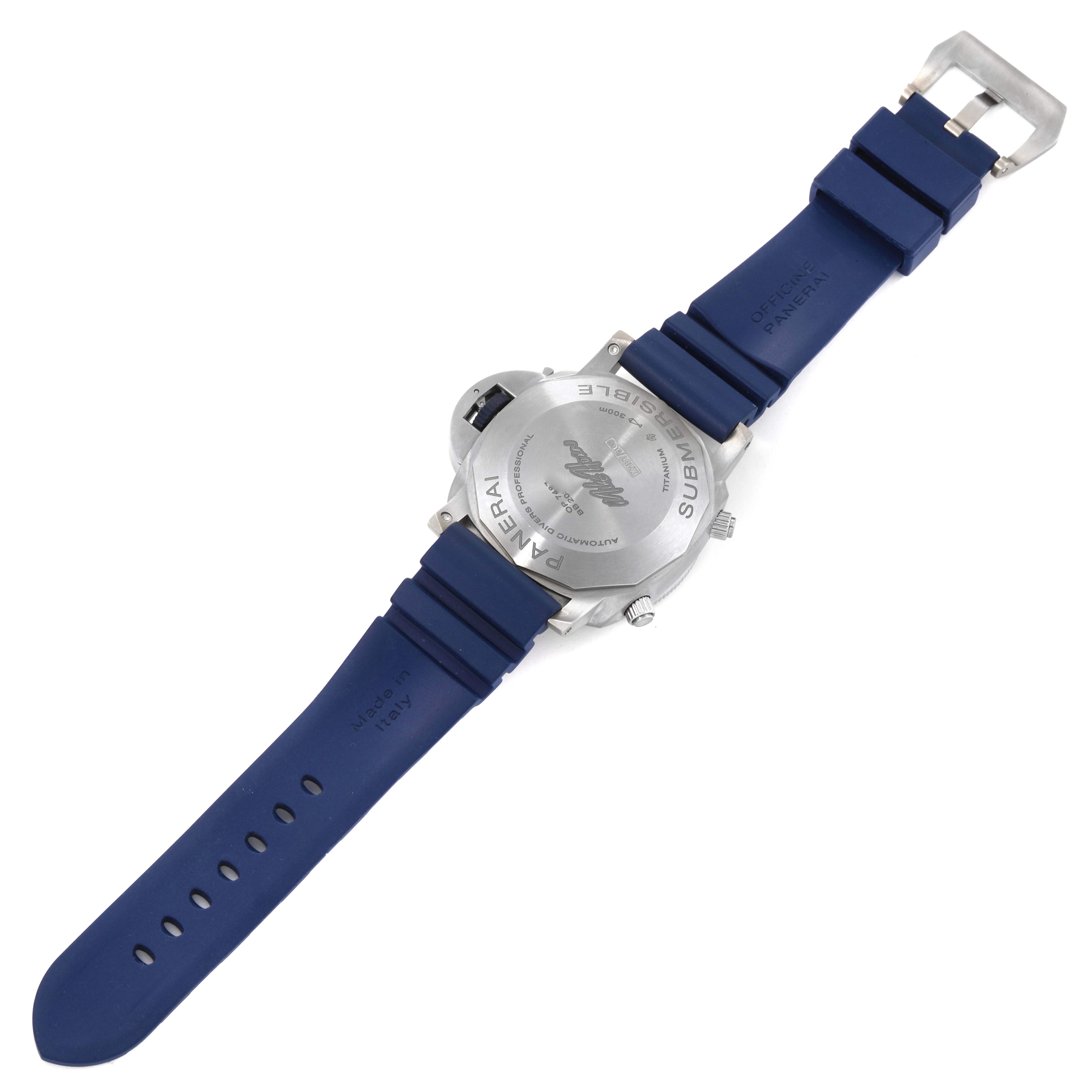 This image shows the back view of a Panerai Submersible PAM01291 Men's Titanium Blue Dial PAM01291 Men's Titanium Blue Dial watch, featuring its case back and blue rubber strap.