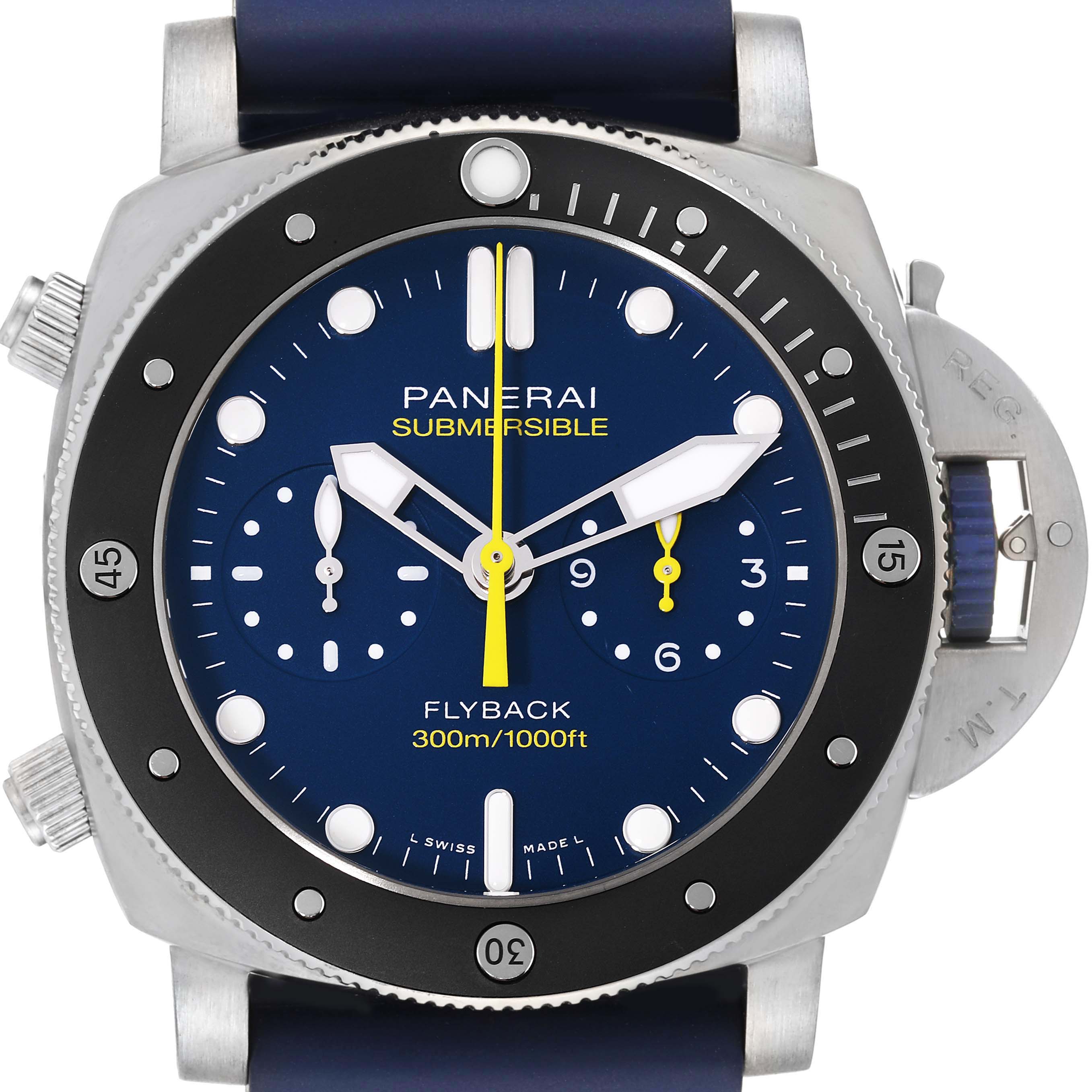 The image shows a front view of the Panerai Submersible PAM01291 Men's Titanium Blue Dial PAM01291 Men's Titanium Blue Dial watch, highlighting the dial, hands, and controls.