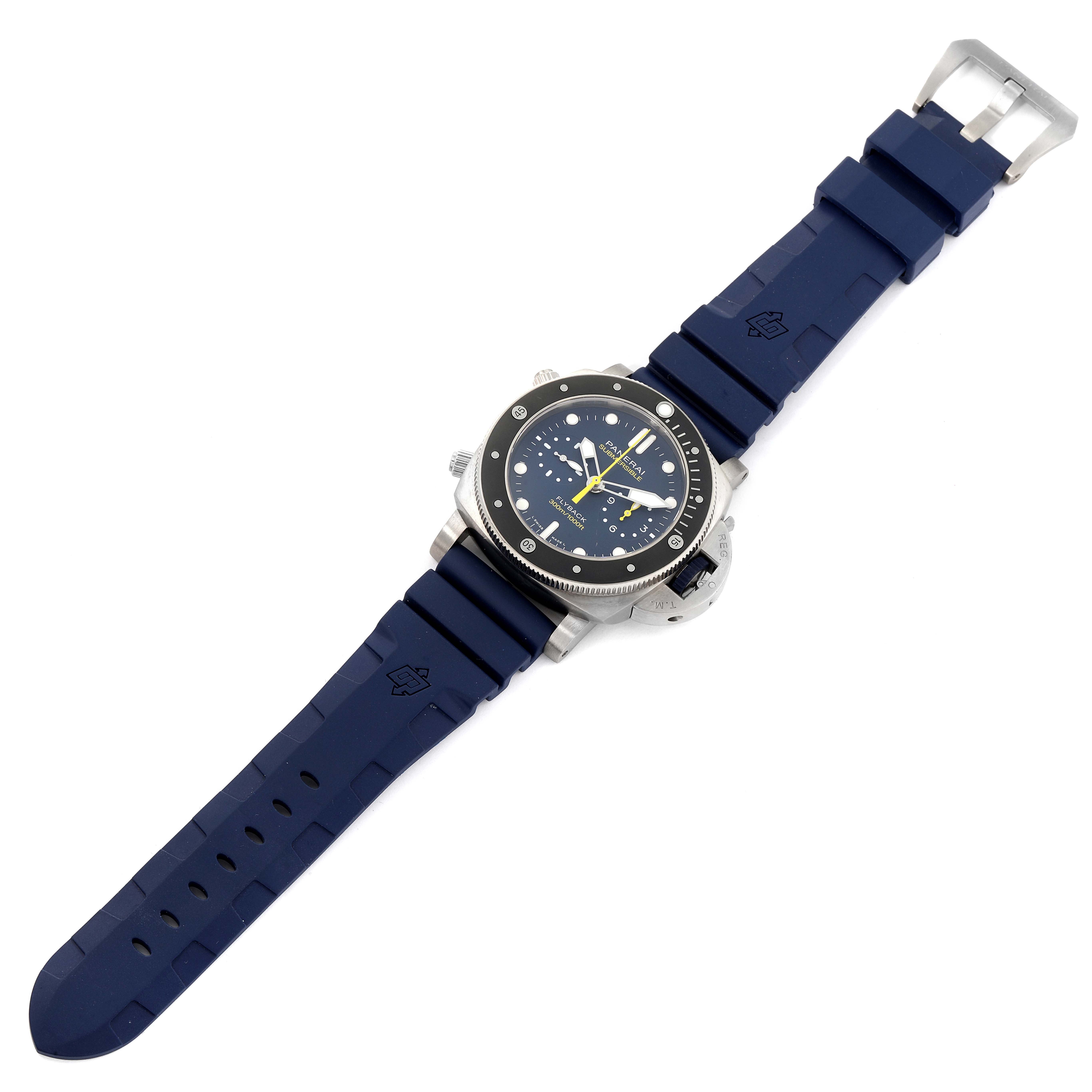 This image shows a Panerai Submersible PAM01291 Men's Titanium Blue Dial PAM01291 Men's Titanium Blue Dial watch from a top-down angle, including the watch face and blue rubber strap.