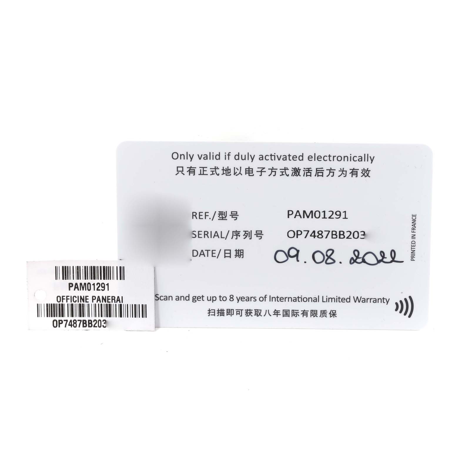 This image shows the warranty card for the Panerai Submersible PAM01291 Men's Titanium Blue Dial PAM01291 Men's Titanium Blue Dial model PAM01291.