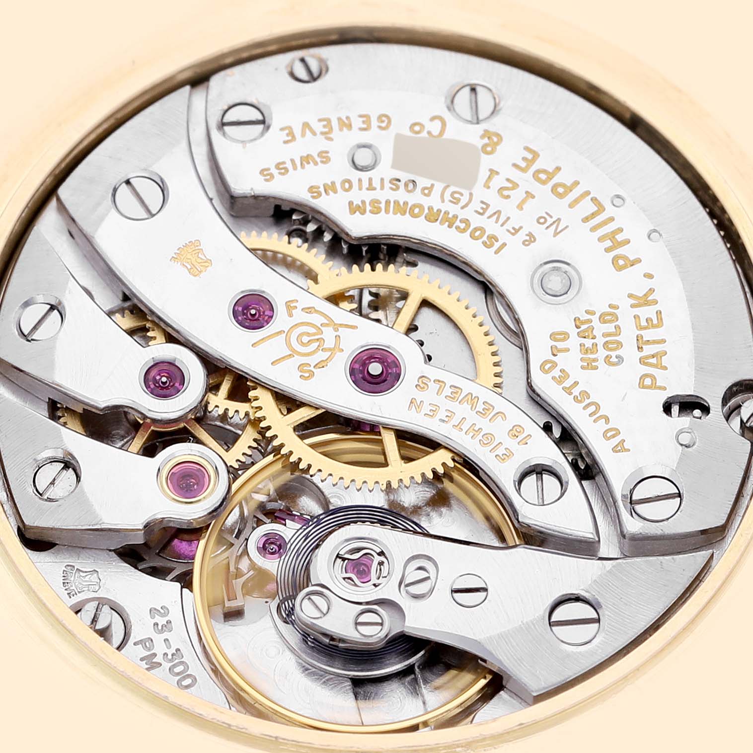 Image shows the intricate movement mechanism of a Patek Philippe Calatrava 3537 Men
s Yellow Gold Champagne Dial 3537 Men
s Yellow Gold Champagne Dial watch from a close-up, back angle.