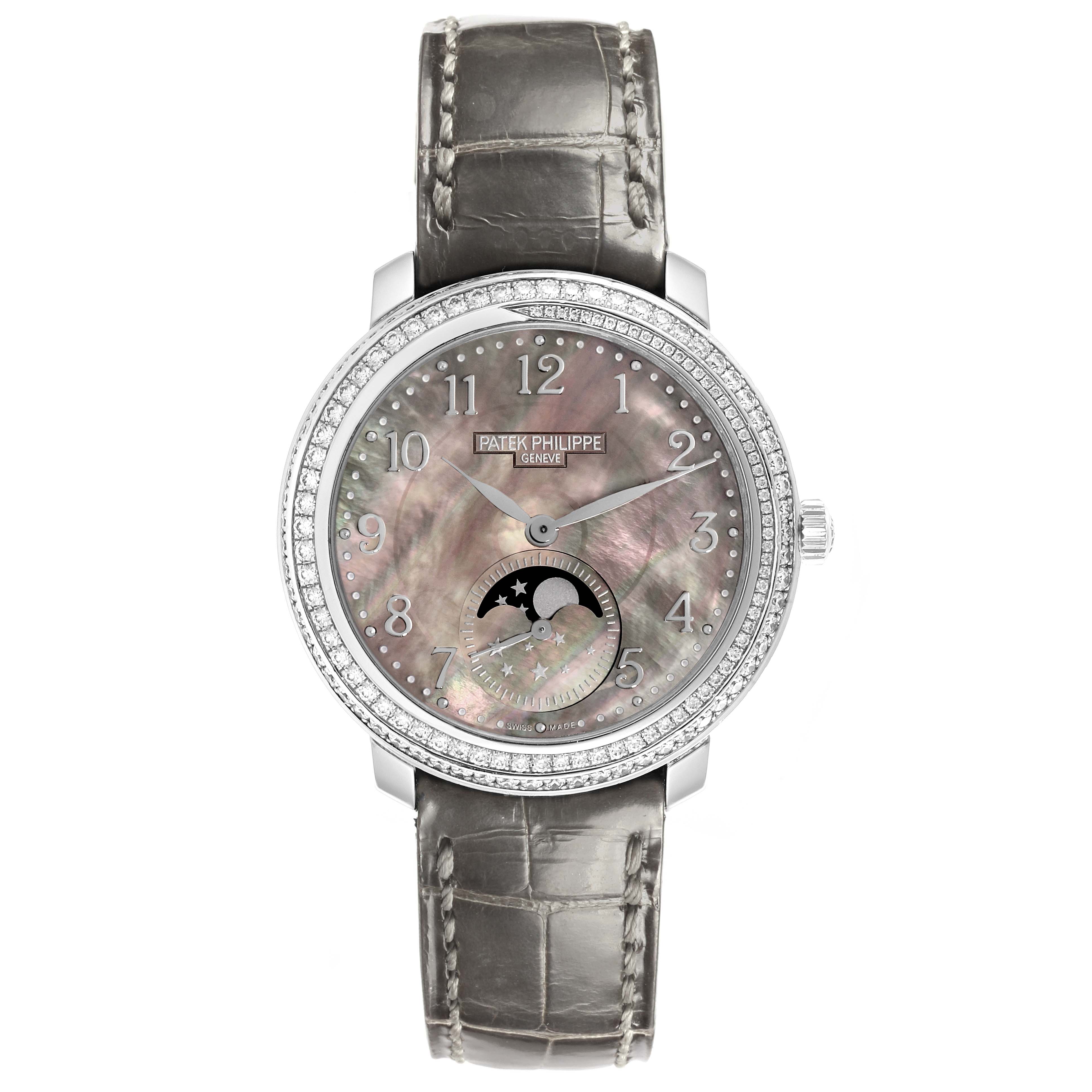 The Patek Philippe Complications 4968G-001 Women's White Gold Mother of Pearl Dial 4968G-001 Women's White Gold Mother of Pearl Dial watch is shown from the front, displaying its face, bezel, and strap.