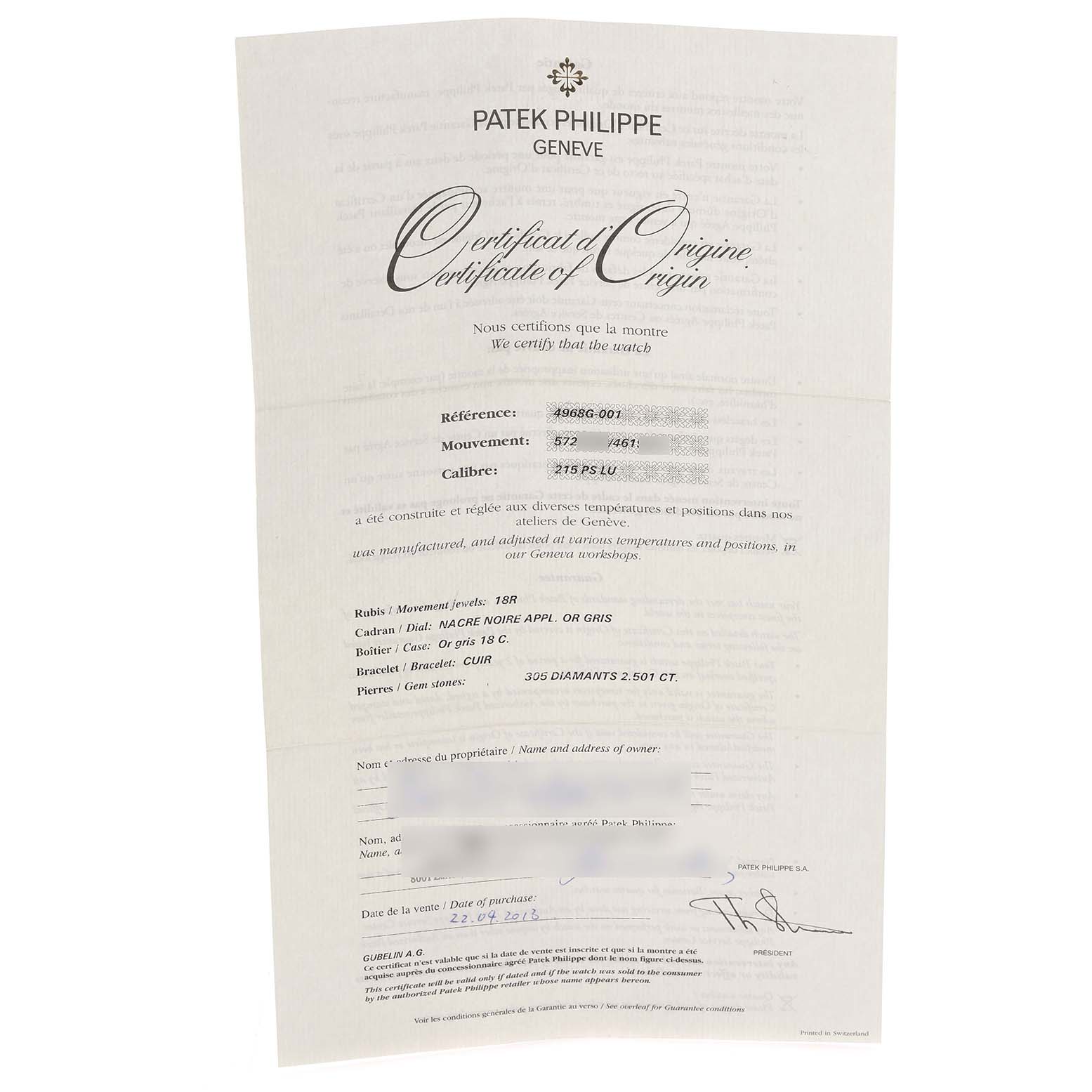 The image shows a certificate of origin for the Patek Philippe Complications 4968G-001 Women's White Gold Mother of Pearl Dial 4968G-001 Women's White Gold Mother of Pearl Dial model, displaying details of the watch.