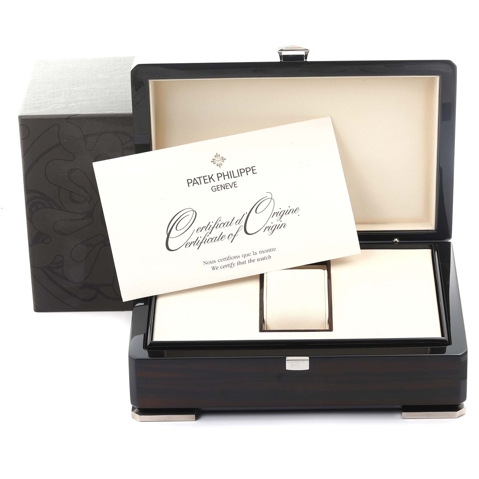 The image shows the Patek Philippe Complications 4968G-001 Women's White Gold Mother of Pearl Dial 4968G-001 Women's White Gold Mother of Pearl Dial watch box open with a Certificate of Origin on top.