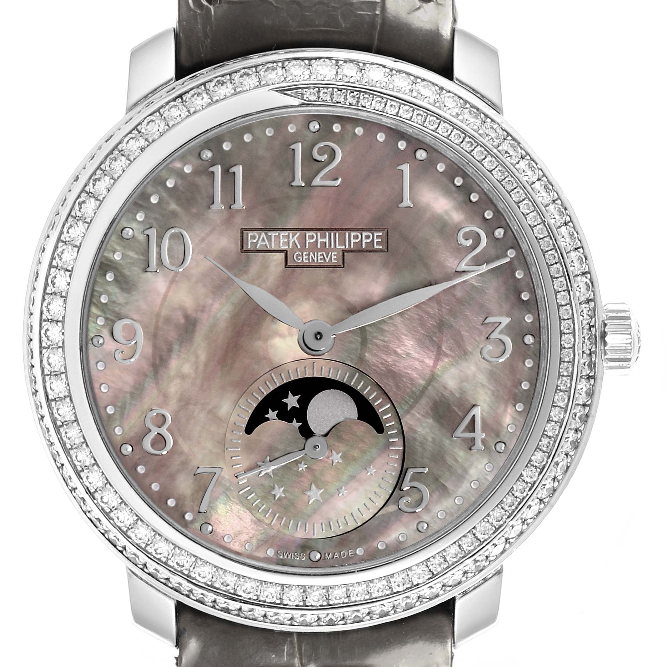 The Patek Philippe Complications 4968G-001 Women's White Gold Mother of Pearl Dial 4968G-001 Women's White Gold Mother of Pearl Dial watch is shown from the front, featuring the dial, bezel, and part of the strap.