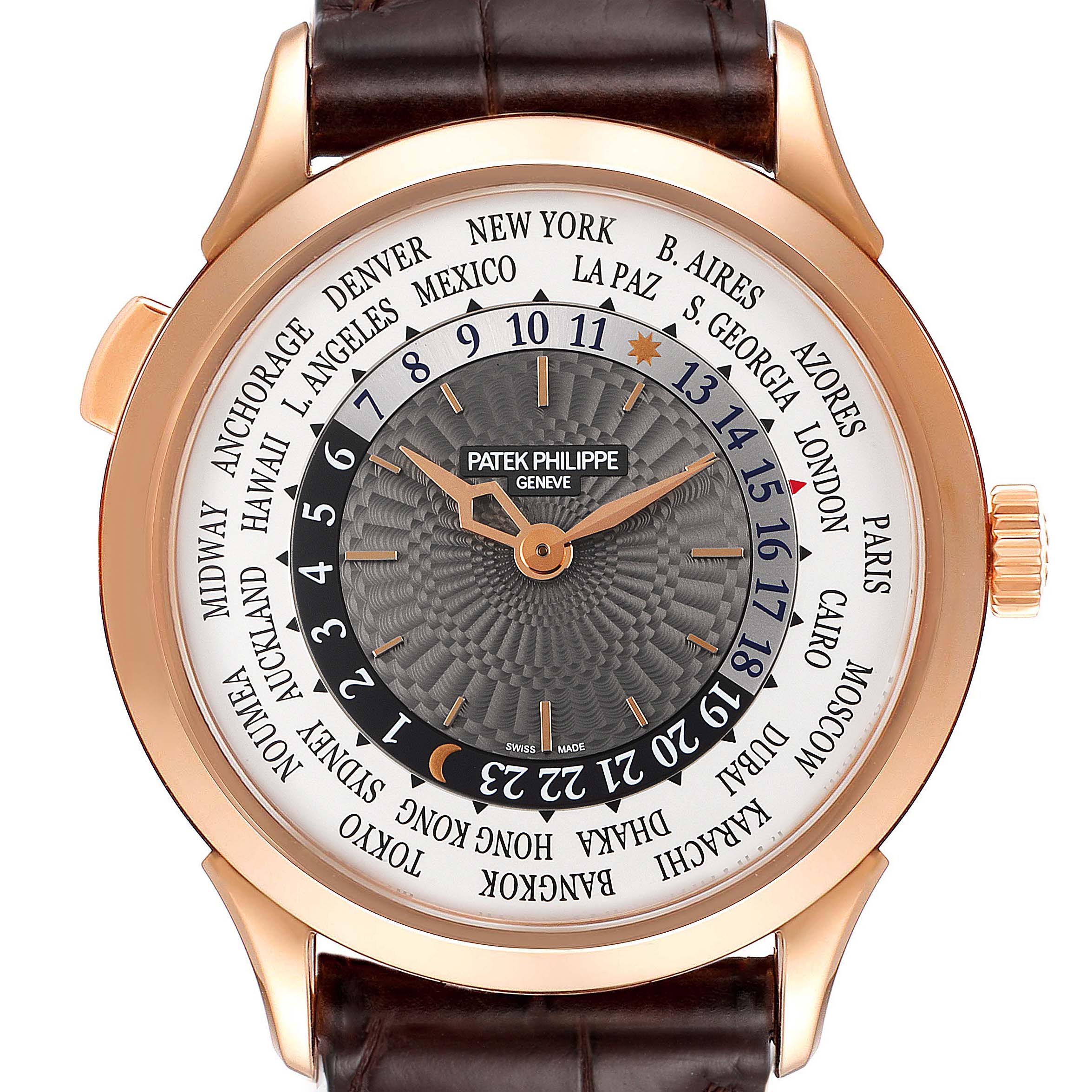 The image shows a Patek Philippe Complications 5230R Men's Rose Gold Grey Dial 5230R Men's Rose Gold Grey Dial model watch face from a front view, including the bezel, dial, hands, and crown.