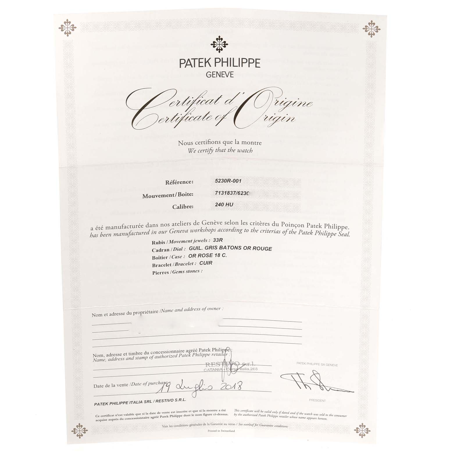 This is the certificate of origin for the Complications model by Patek Philippe, displaying its reference, movement, and other details.
