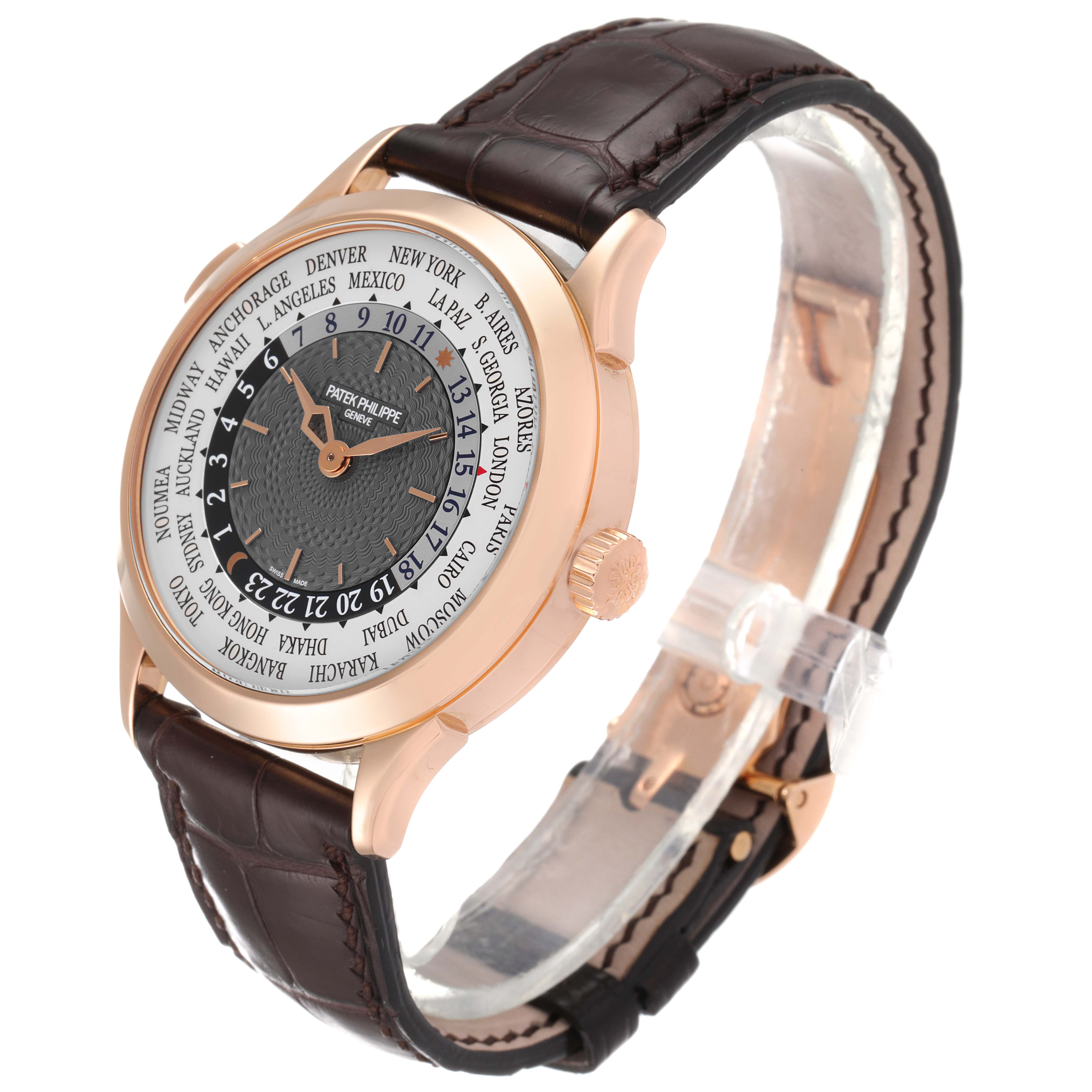 The image shows a Patek Philippe Complications 5230R Men's Rose Gold Grey Dial 5230R Men's Rose Gold Grey Dial watch, angled to display its dial, crown, and leather strap.