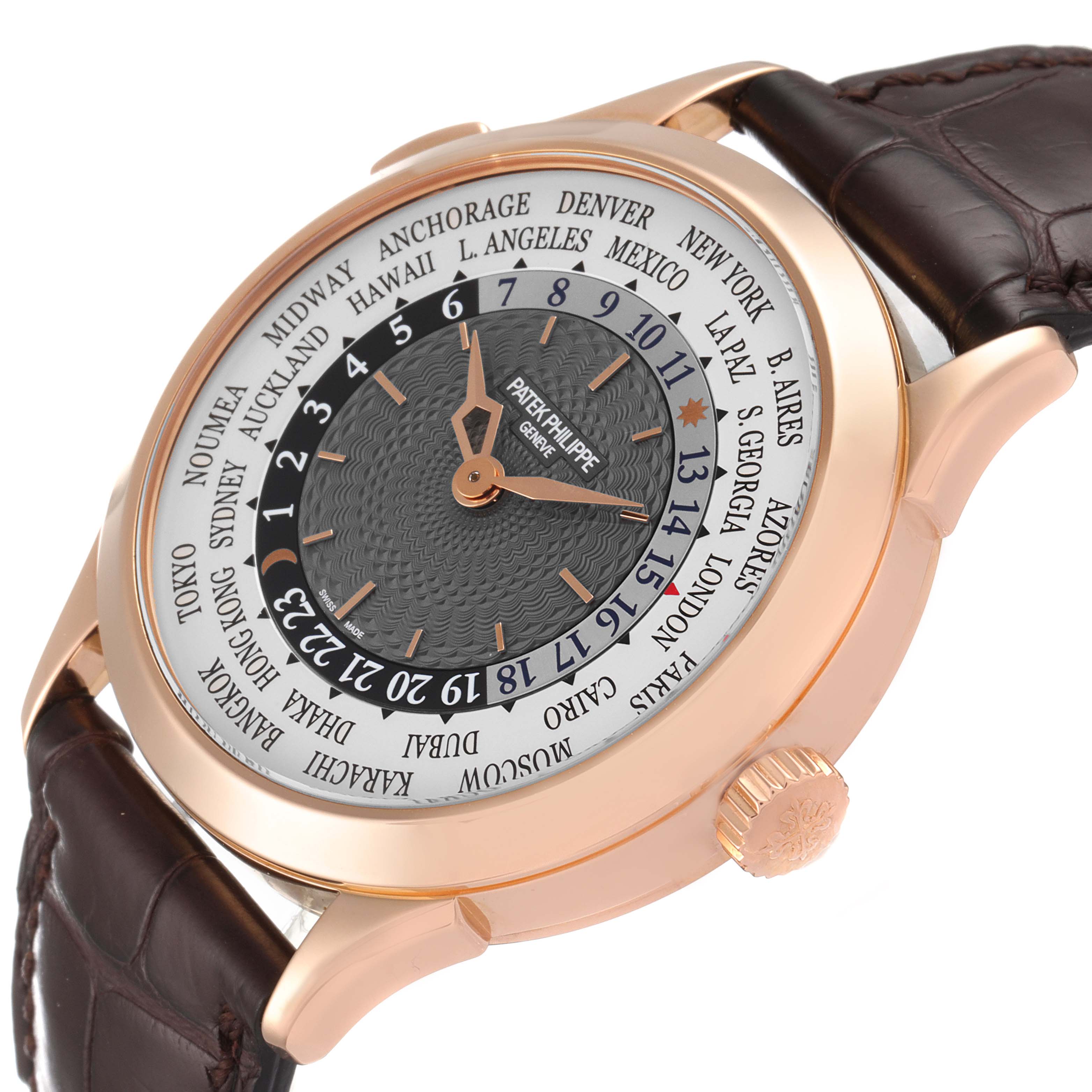 The image shows a Patek Philippe Complications 5230R Men's Rose Gold Grey Dial 5230R Men's Rose Gold Grey Dial watch at a slight angle, highlighting the face, crown, and brown leather strap.