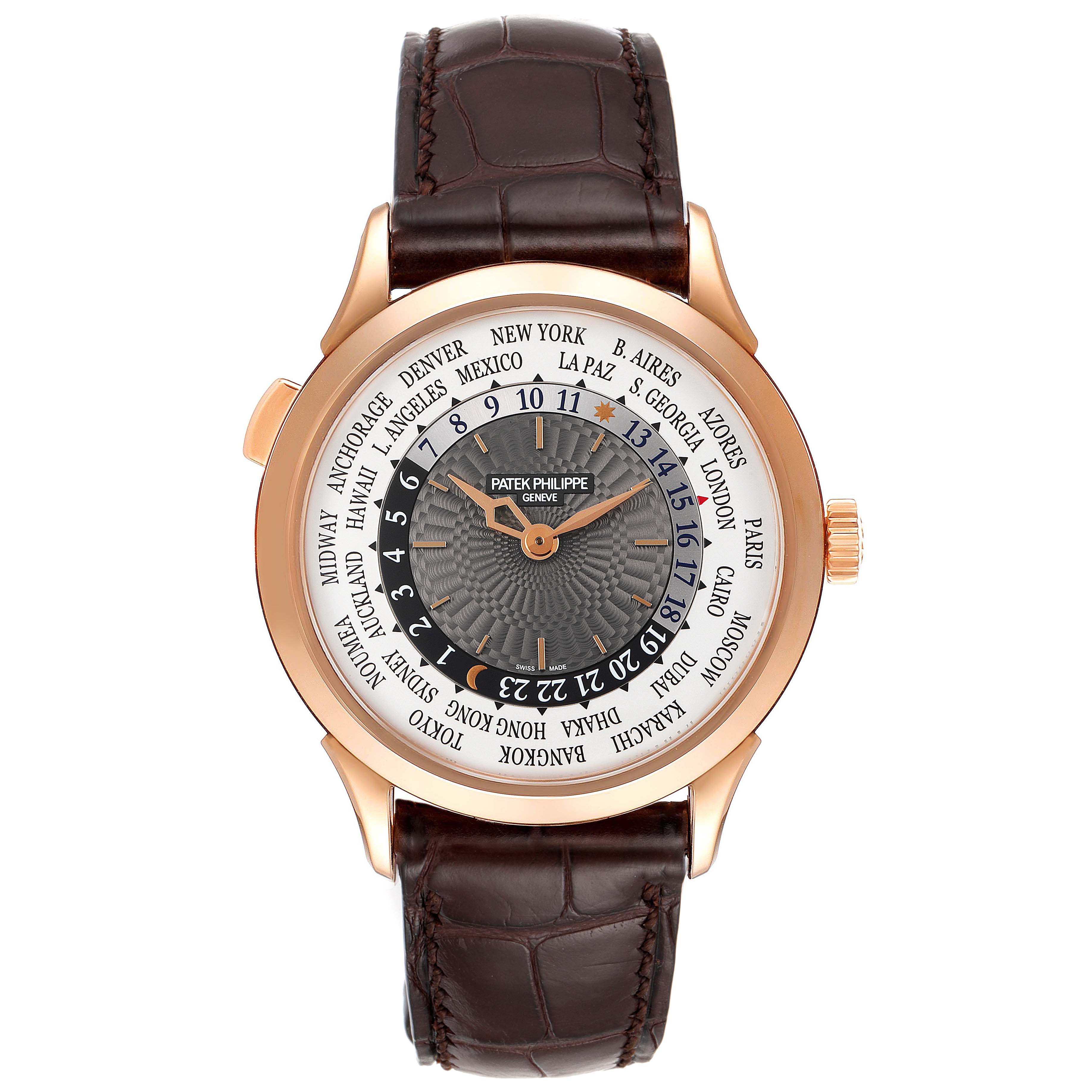 The image shows a front view of the Patek Philippe Complications 5230R Men's Rose Gold Grey Dial 5230R Men's Rose Gold Grey Dial watch, displaying its dial, bezel, and leather strap.