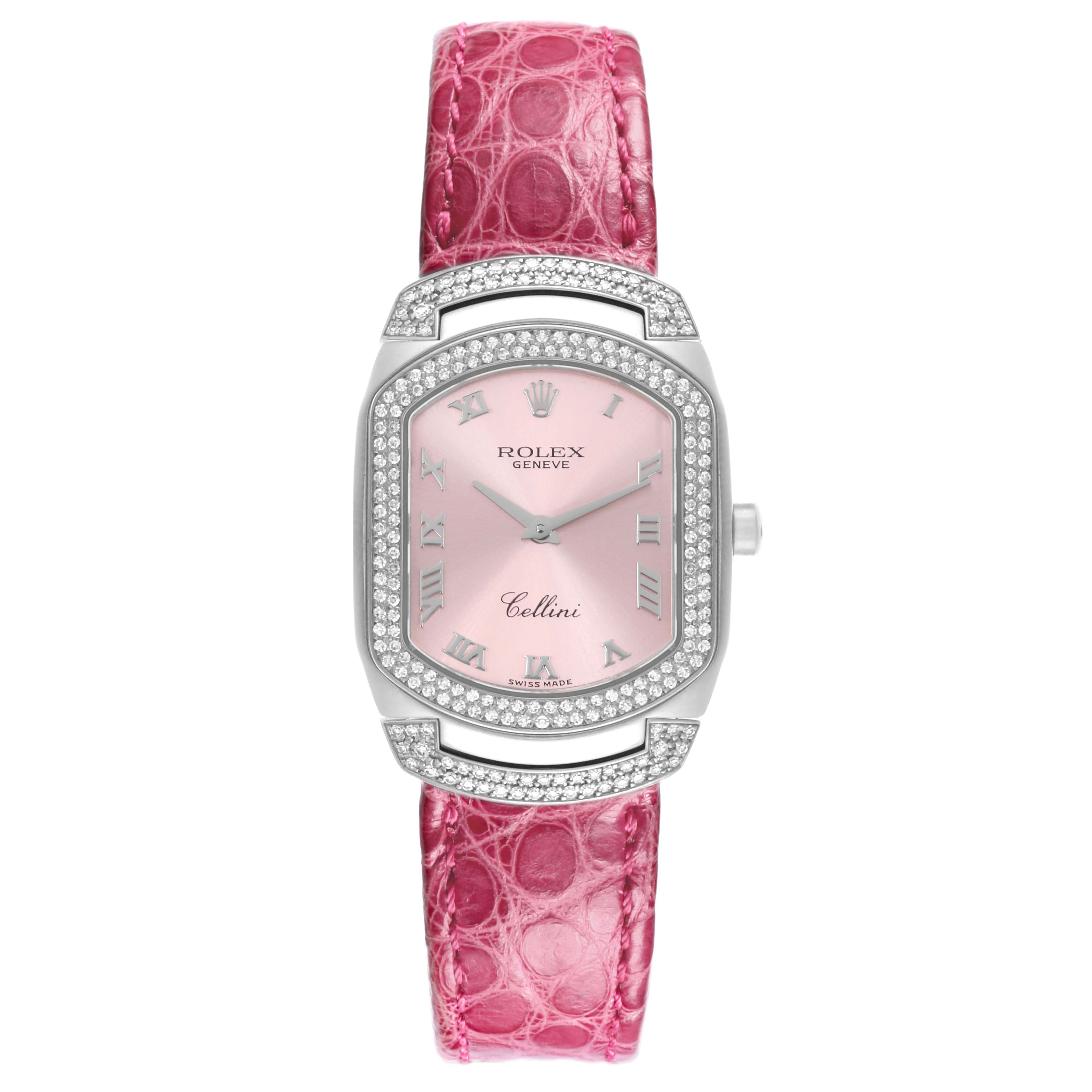 The Rolex Cellini 6693 Women's White Gold Pink Dial 6693 Women's White Gold Pink Dial watch is shown from the front, featuring a pink dial, diamond bezel, and pink leather strap.