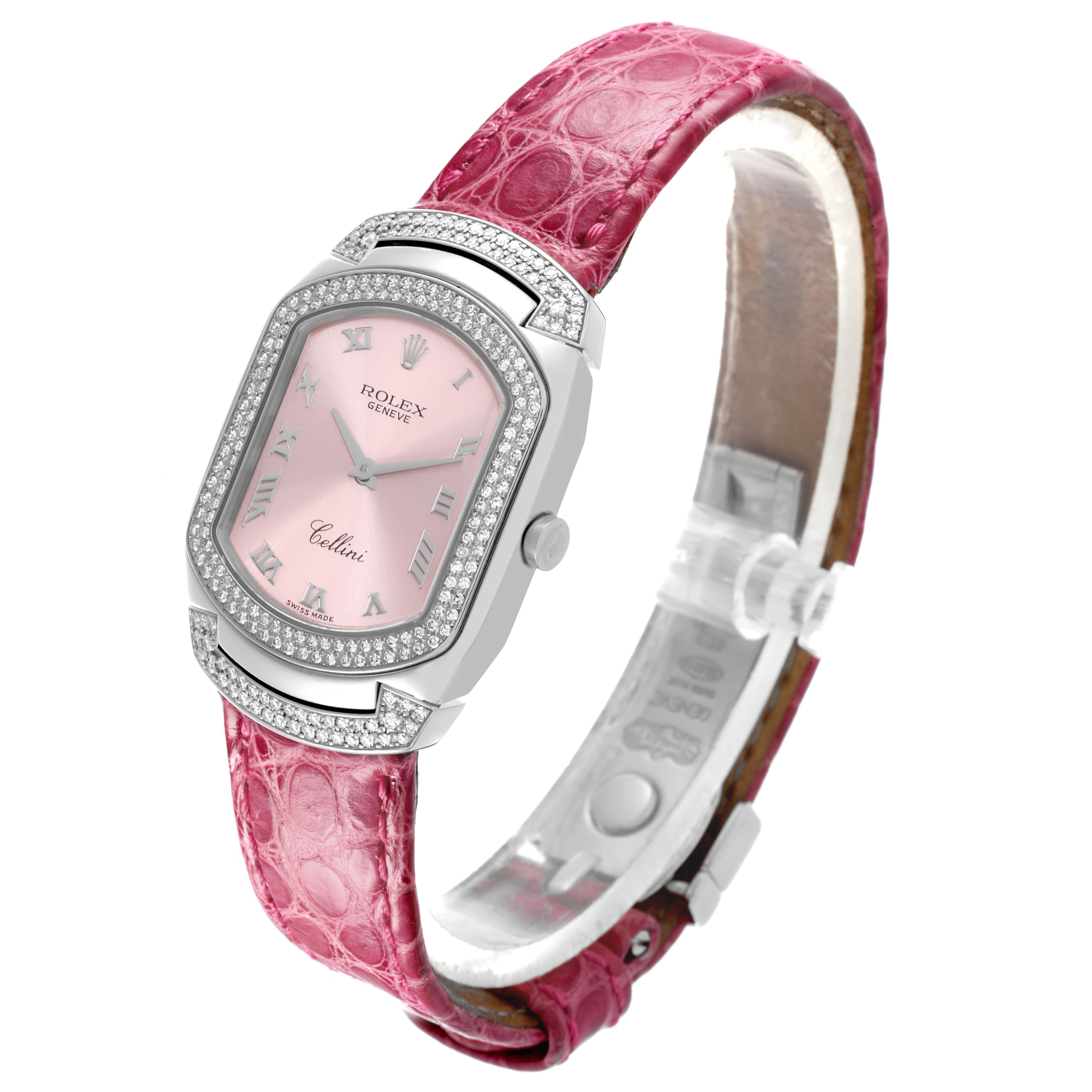 The Rolex Cellini 6693 Women's White Gold Pink Dial 6693 Women's White Gold Pink Dial watch is shown at a side angle, displaying the pink dial, diamond-set bezel, and pink leather strap.