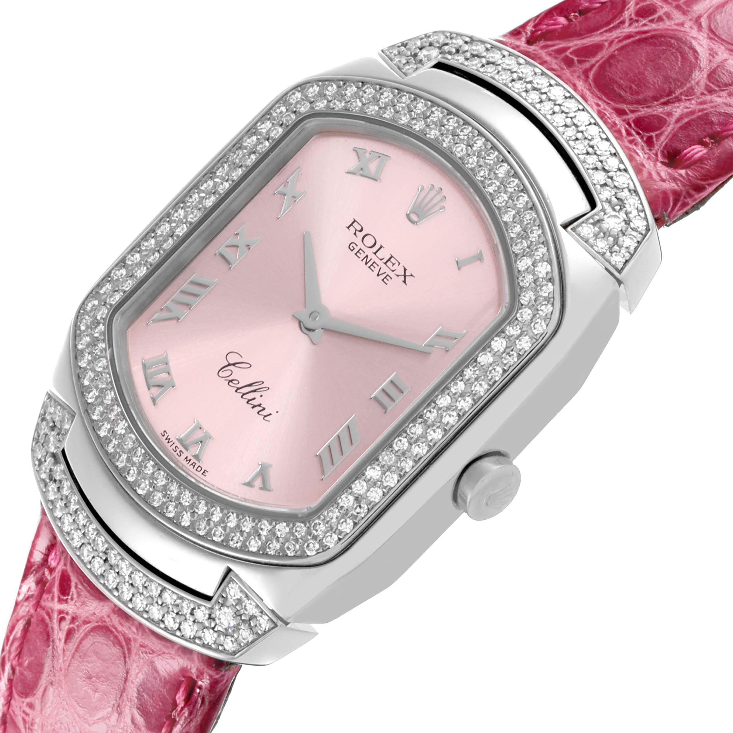 The Rolex Cellini 6693 Women's White Gold Pink Dial 6693 Women's White Gold Pink Dial watch is shown at an angle highlighting the pink dial, diamond bezel, and pink strap.