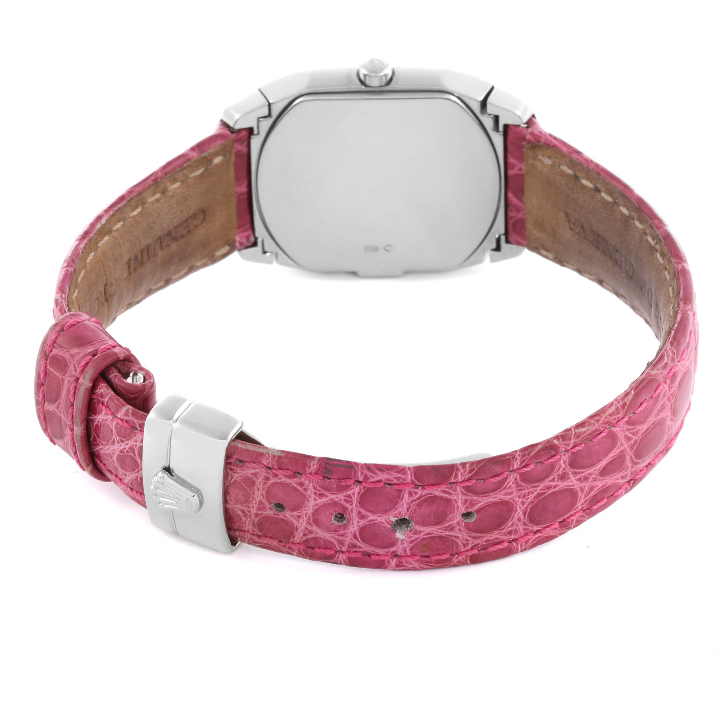 The Rolex Cellini 6693 Women's White Gold Pink Dial 6693 Women's White Gold Pink Dial model is shown from the back, highlighting the strap and clasp.