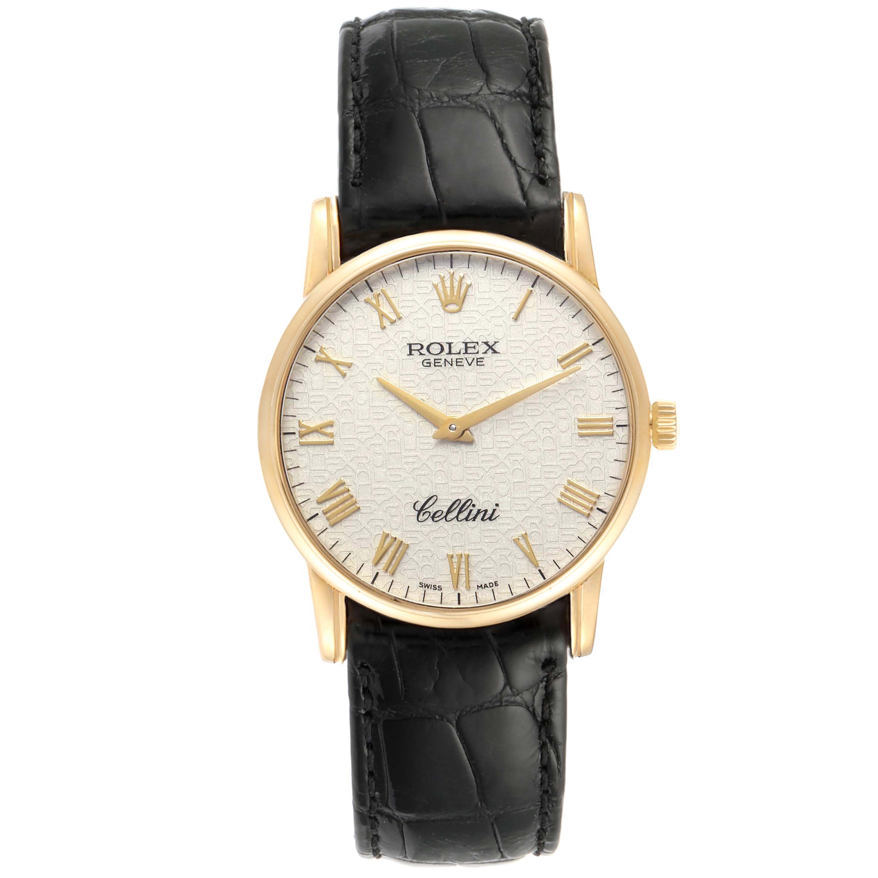 The image shows a front view of a Rolex Cellini 5116/8 Men's Yellow Gold Beige Dial 5116/8 Men's Yellow Gold Beige Dial watch, highlighting its dial, case, and leather strap.