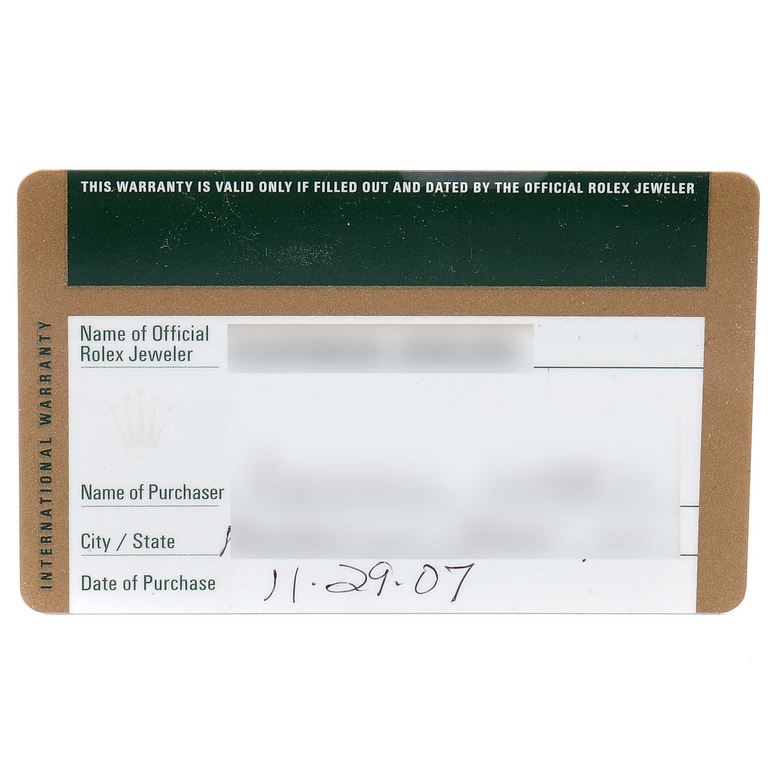 This image shows the warranty card for a Rolex Cellini 5116/8 Men's Yellow Gold Beige Dial 5116/8 Men's Yellow Gold Beige Dial watch, detailing the official Rolex jeweler and date of purchase.