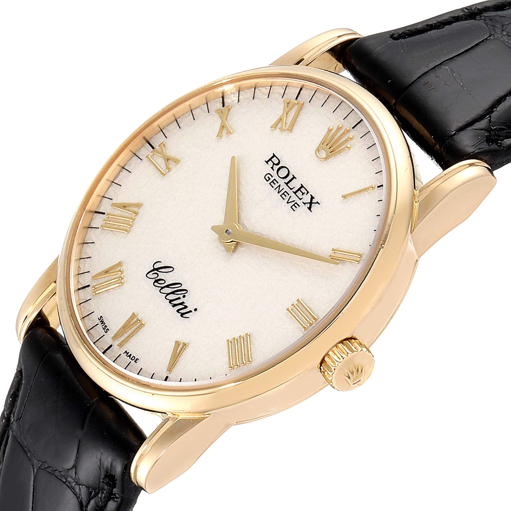 The Rolex Cellini 5116/8 Men's Yellow Gold Beige Dial 5116/8 Men's Yellow Gold Beige Dial watch is shown at an angled close-up, displaying the dial, crown, case, and part of the strap.