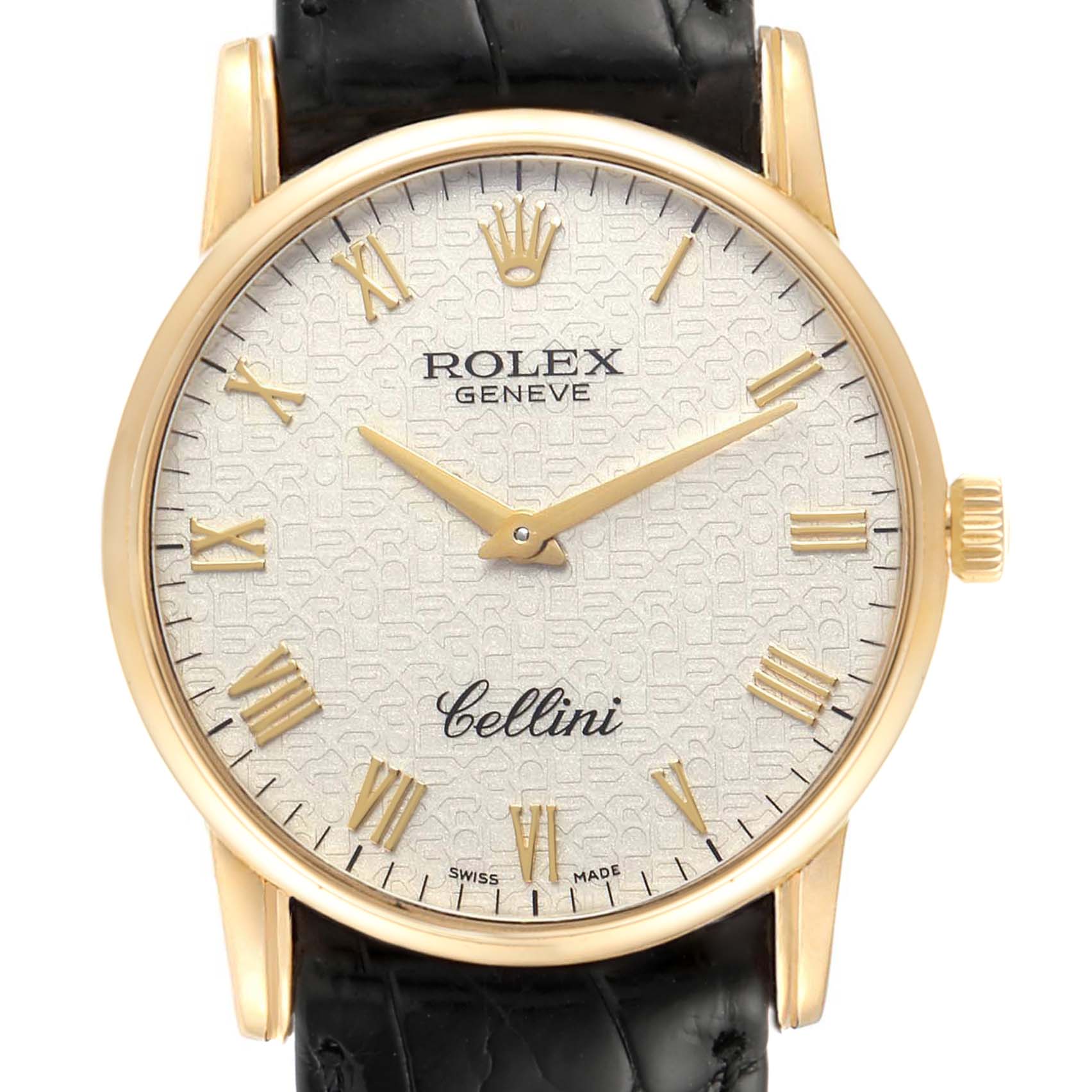 The image shows a close-up of the Rolex Cellini 5116/8 Men's Yellow Gold Beige Dial 5116/8 Men's Yellow Gold Beige Dial watch face, highlighting the dial, hands, hour markers, crown, and part of the strap.