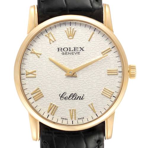 Photo of Rolex Cellini Classic Yellow Gold Anniversary Dial Black Strap Watch 5116 Box Papers