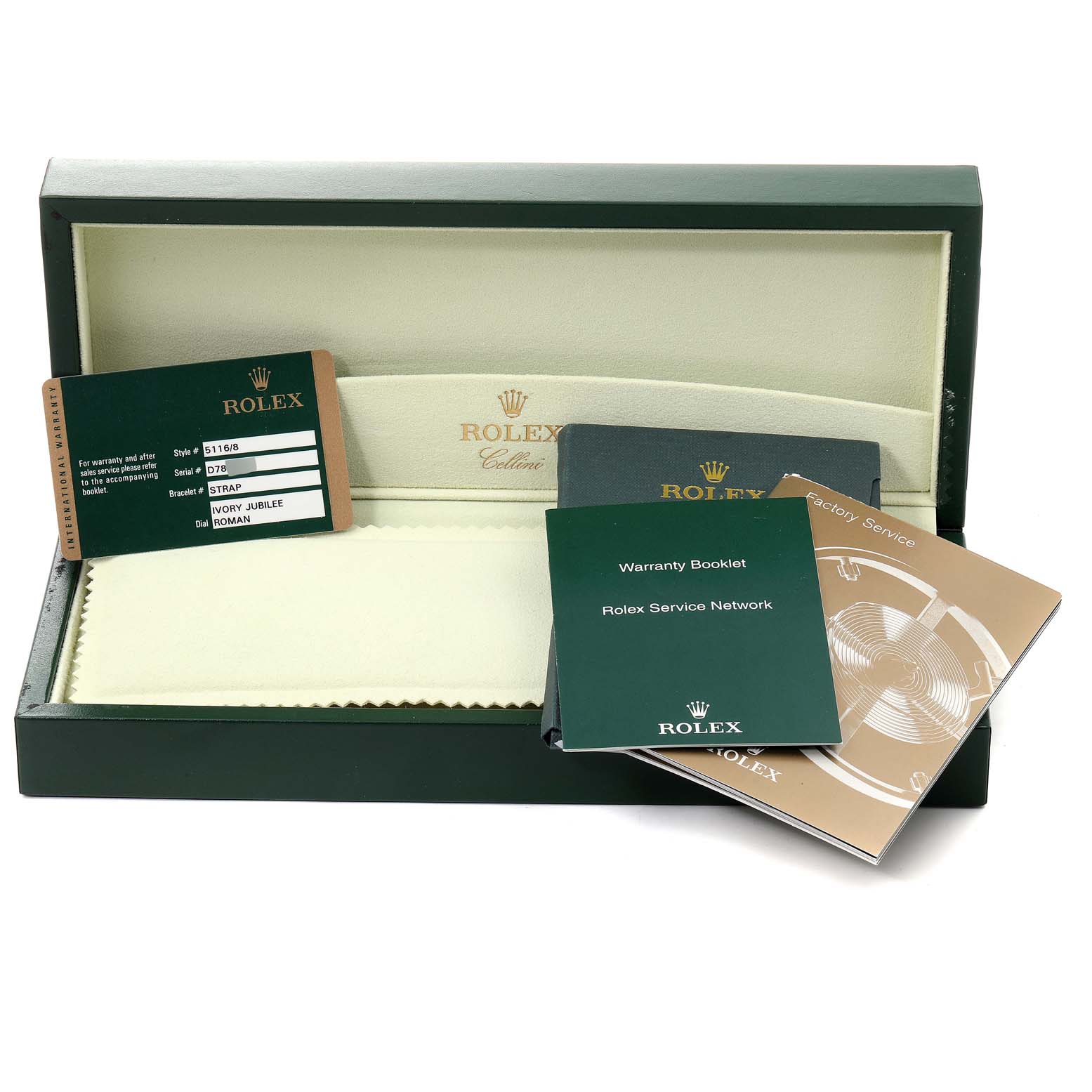 This image shows a Rolex Cellini 5116/8 Men's Yellow Gold Beige Dial 5116/8 Men's Yellow Gold Beige Dial watch box, warranty booklet, service network guide, factory service manual, and ID card from a top angle.