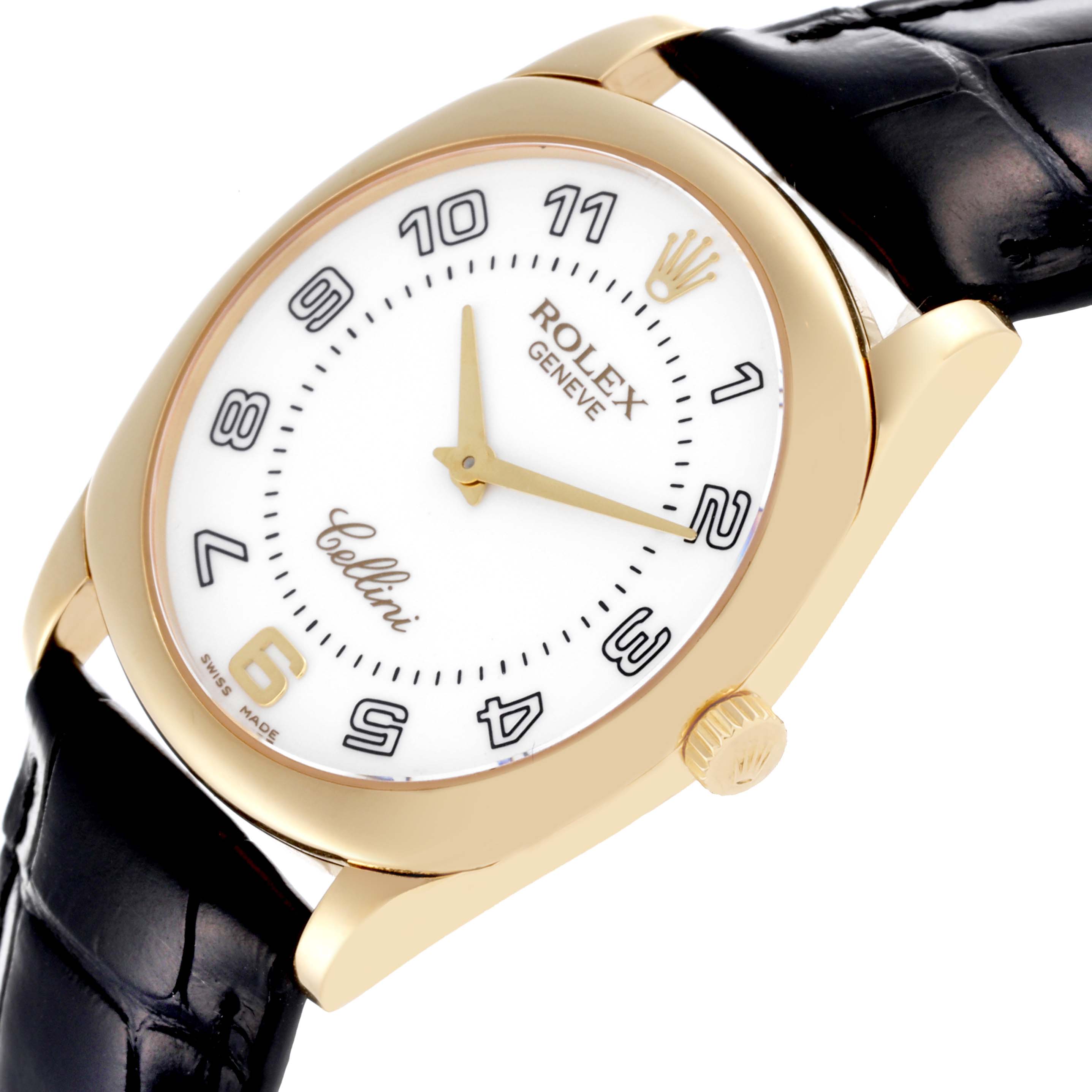 The Rolex Cellini 4233 Men's Yellow Gold White Dial 4233 Men's Yellow Gold White Dial watch is shown at an angle highlighting the face, crown, and leather strap.
