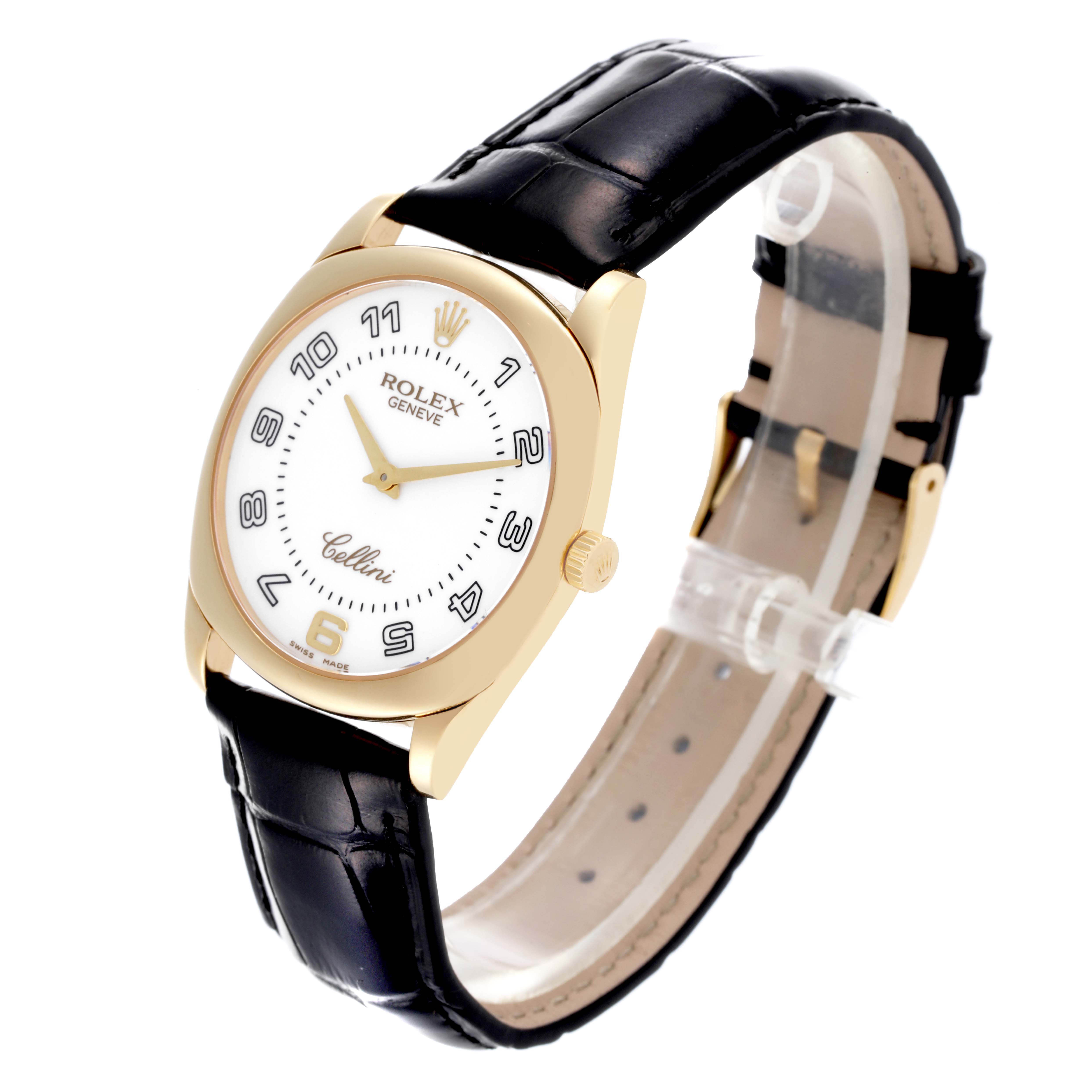 The Rolex Cellini 4233 Men's Yellow Gold White Dial 4233 Men's Yellow Gold White Dial watch is shown at a three-quarter angle, displaying the face, case, and strap.