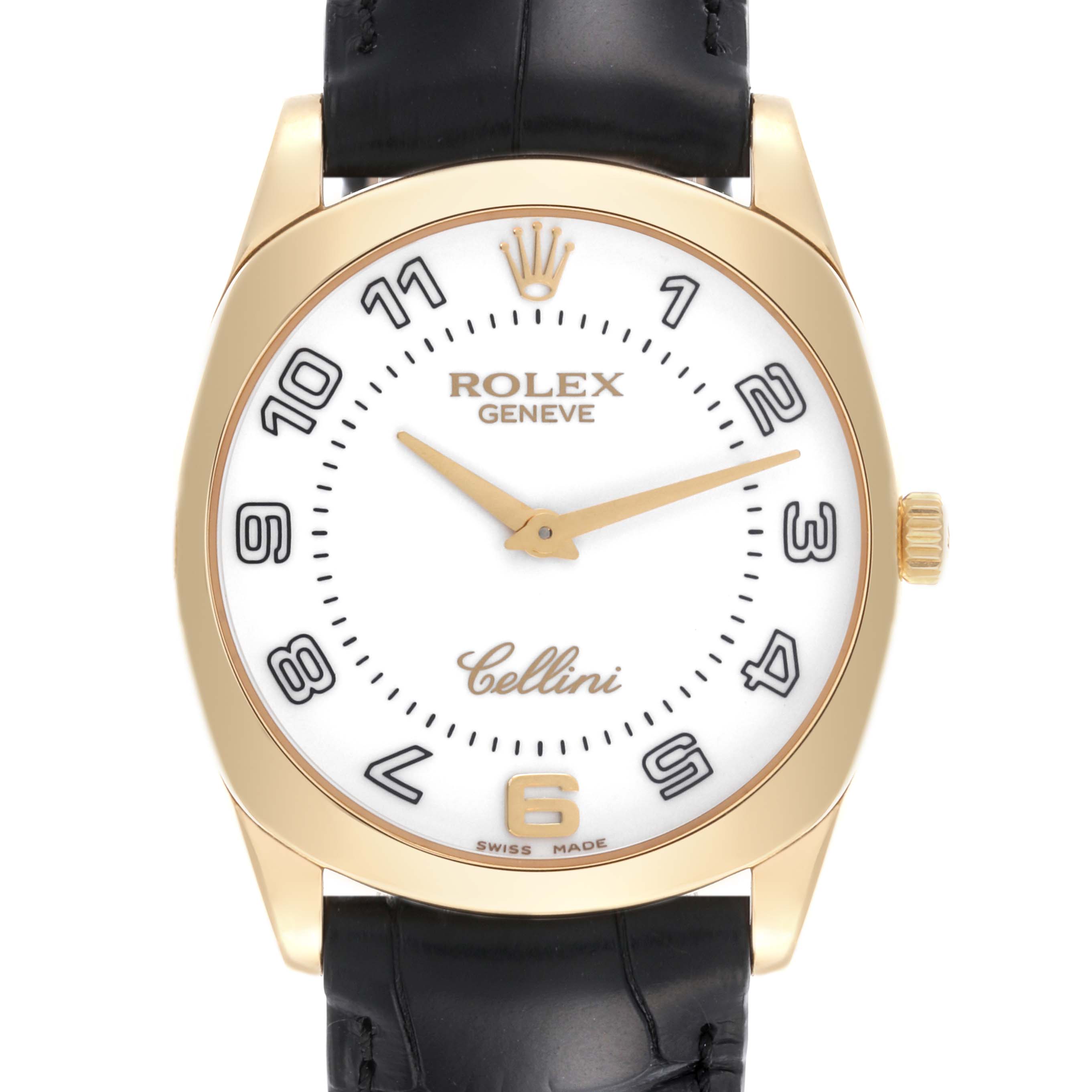 The Rolex Cellini 4233 Men's Yellow Gold White Dial 4233 Men's Yellow Gold White Dial watch is shown from a frontal angle, highlighting its dial, bezel, crown, and leather strap.
