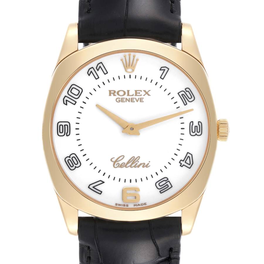 The Rolex Cellini watch is shown from a frontal angle, highlighting its dial, bezel, crown, and leather strap.