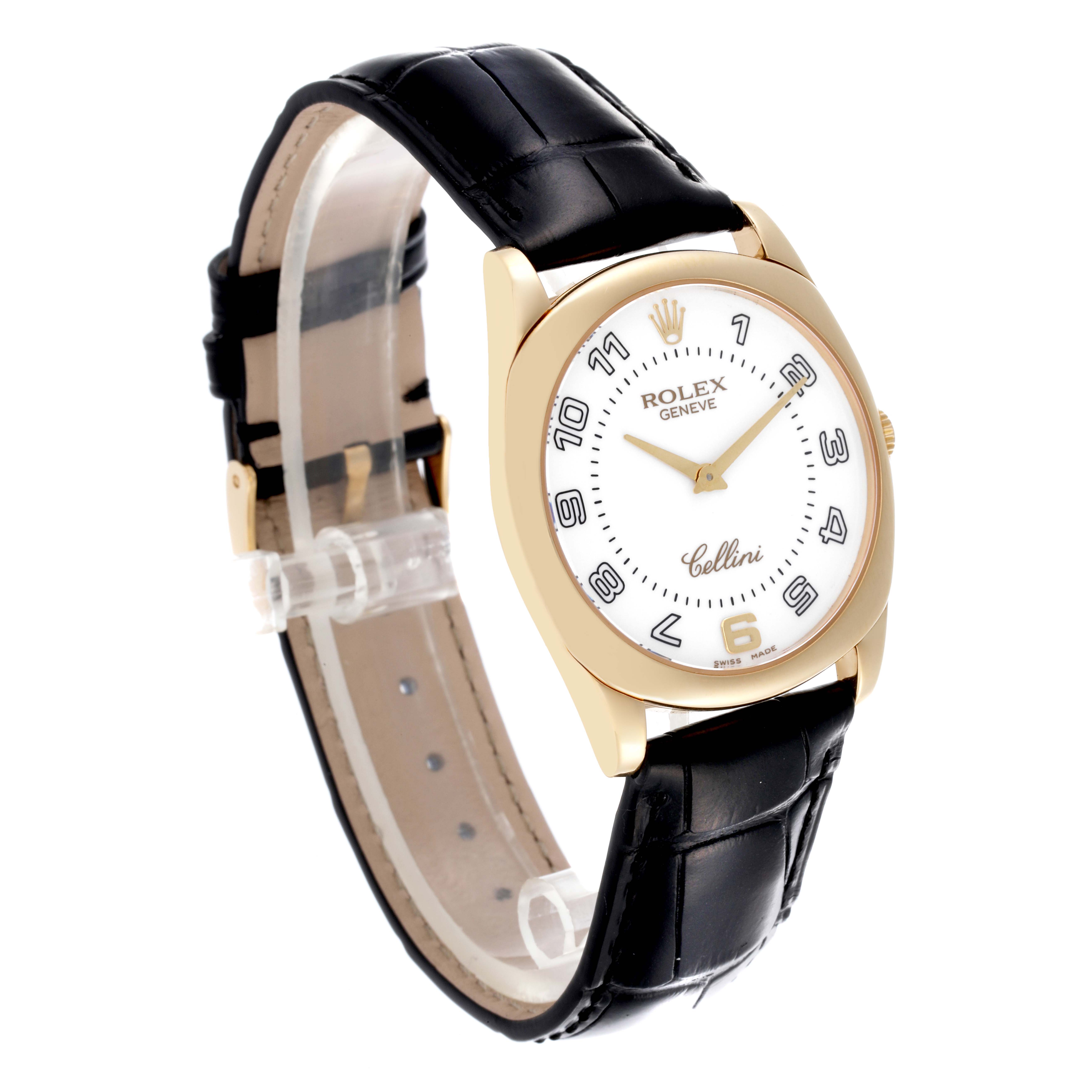 The Rolex Cellini 4233 Men's Yellow Gold White Dial 4233 Men's Yellow Gold White Dial watch is shown at a three-quarter angle, highlighting its face, gold casing, and black leather strap.