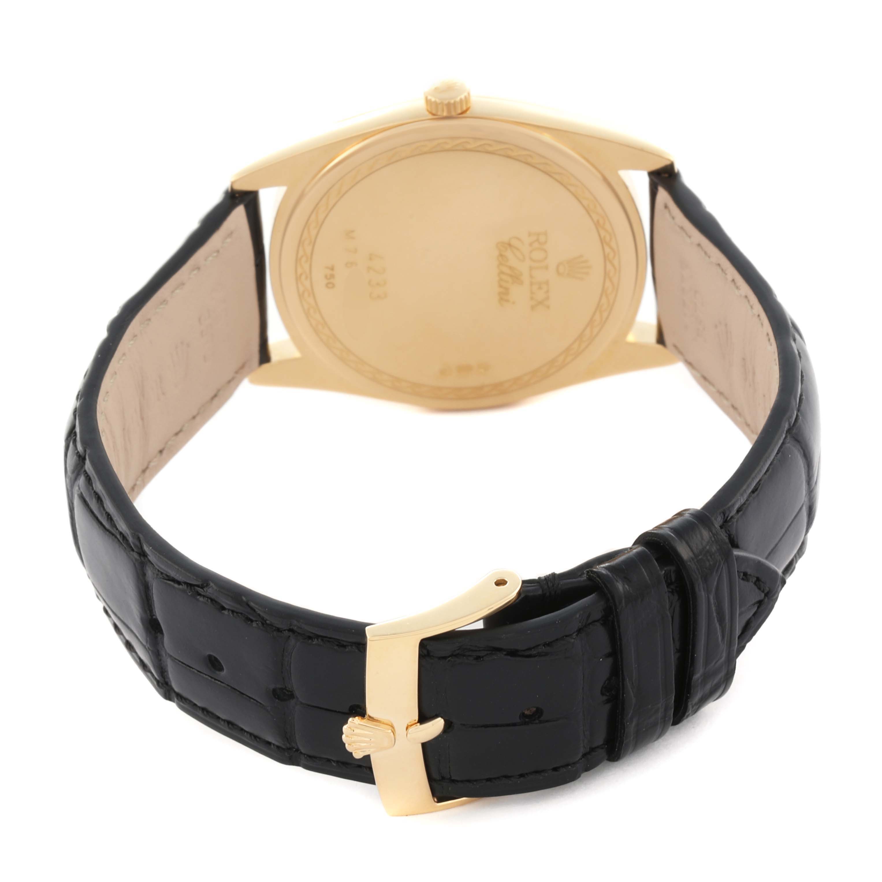 The image shows the back view of a Rolex Cellini 4233 Men's Yellow Gold White Dial 4233 Men's Yellow Gold White Dial watch, highlighting the case back, black leather strap, and gold clasp.