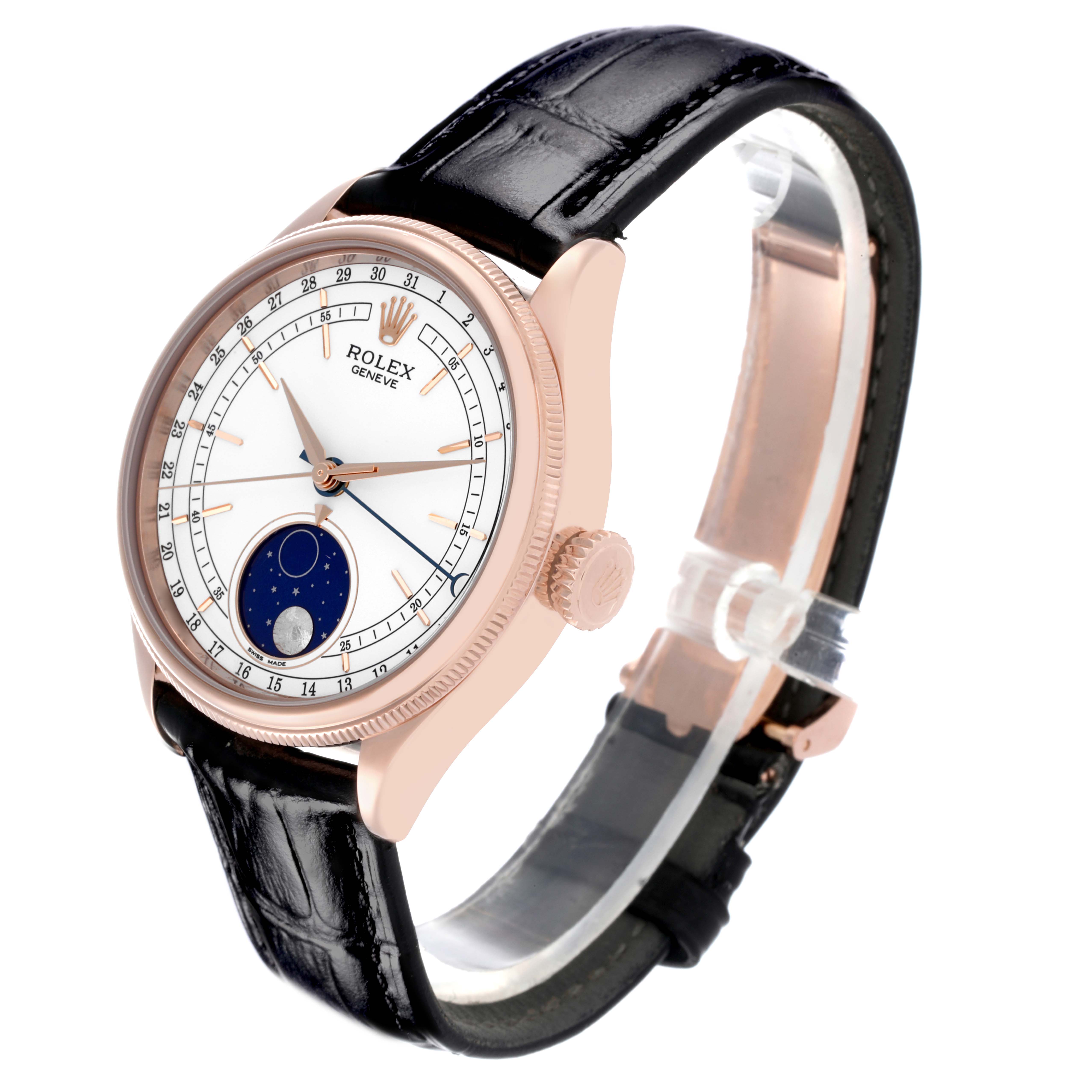 The image shows a Rolex Cellini 50535 Men's Rose Gold White Dial 50535 Men's Rose Gold White Dial watch at a side angle, highlighting the dial, bezel, and leather strap.