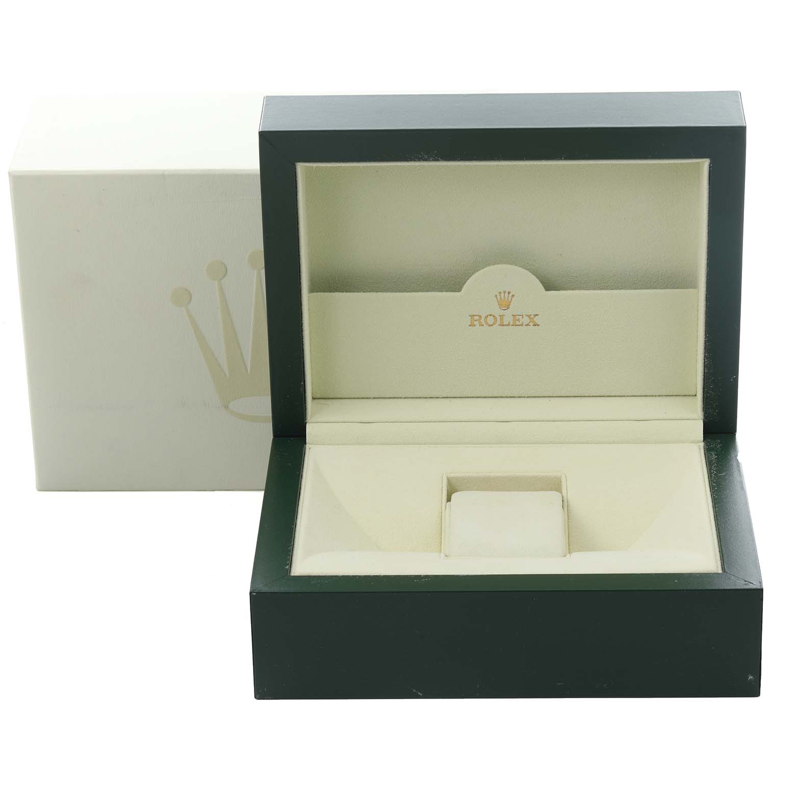 The image shows an open Rolex Cellini 50535 Men's Rose Gold White Dial 50535 Men's Rose Gold White Dial watch box from a frontal angle, revealing its interior with a space for the watch.