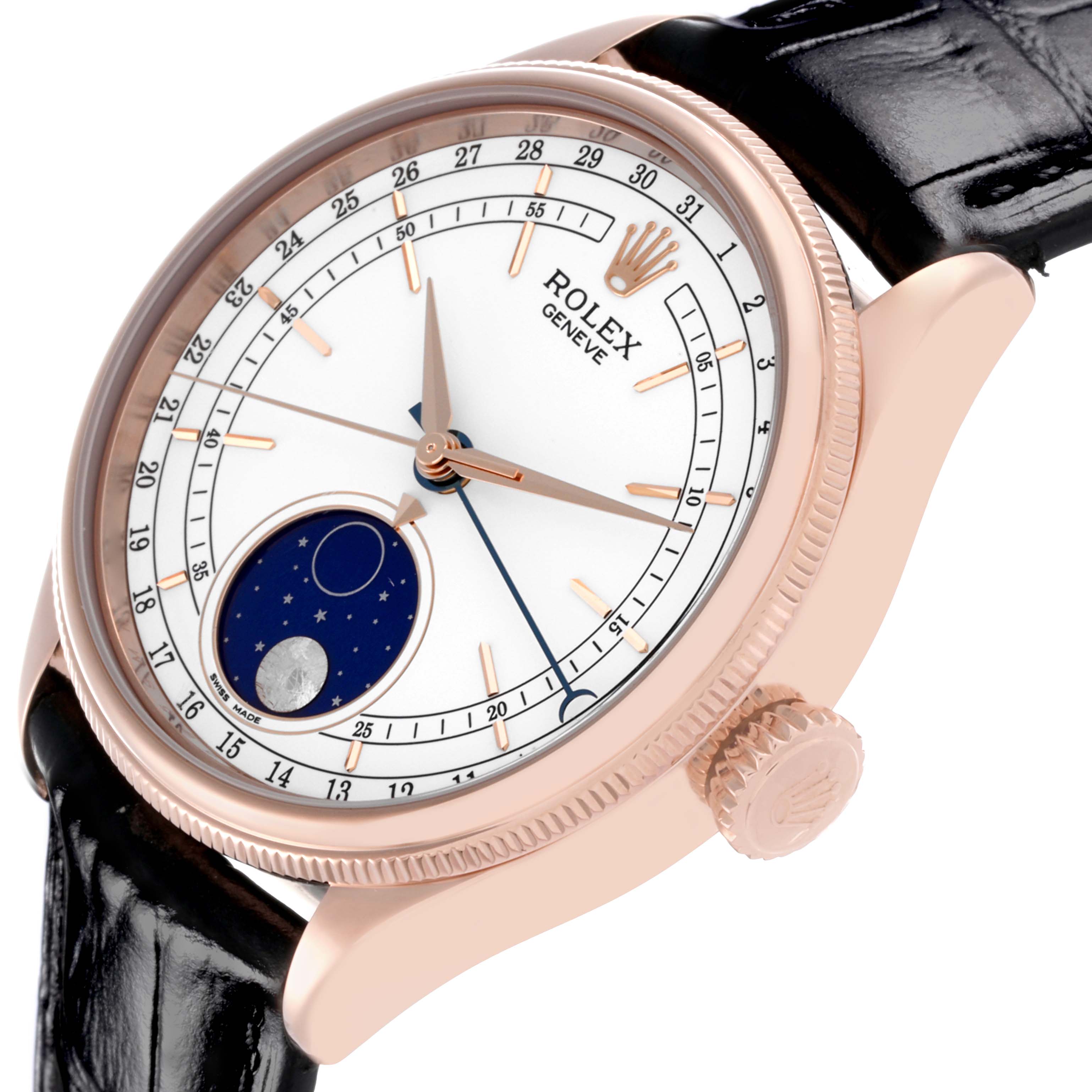 The Rolex Cellini 50535 Men's Rose Gold White Dial 50535 Men's Rose Gold White Dial watch is shown at an angle highlighting the face, case, crown, and leather strap.
