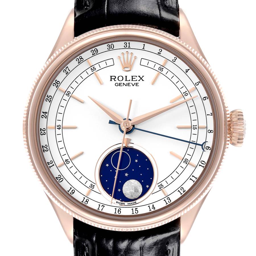 The Rolex Cellini watch is shown from a front angle, highlighting the dial, hands, moon phase, and bezel.