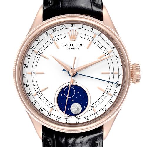 The image shows a front view of the Rolex Cellini watch, highlighting its dial, moon phase, and leather strap.