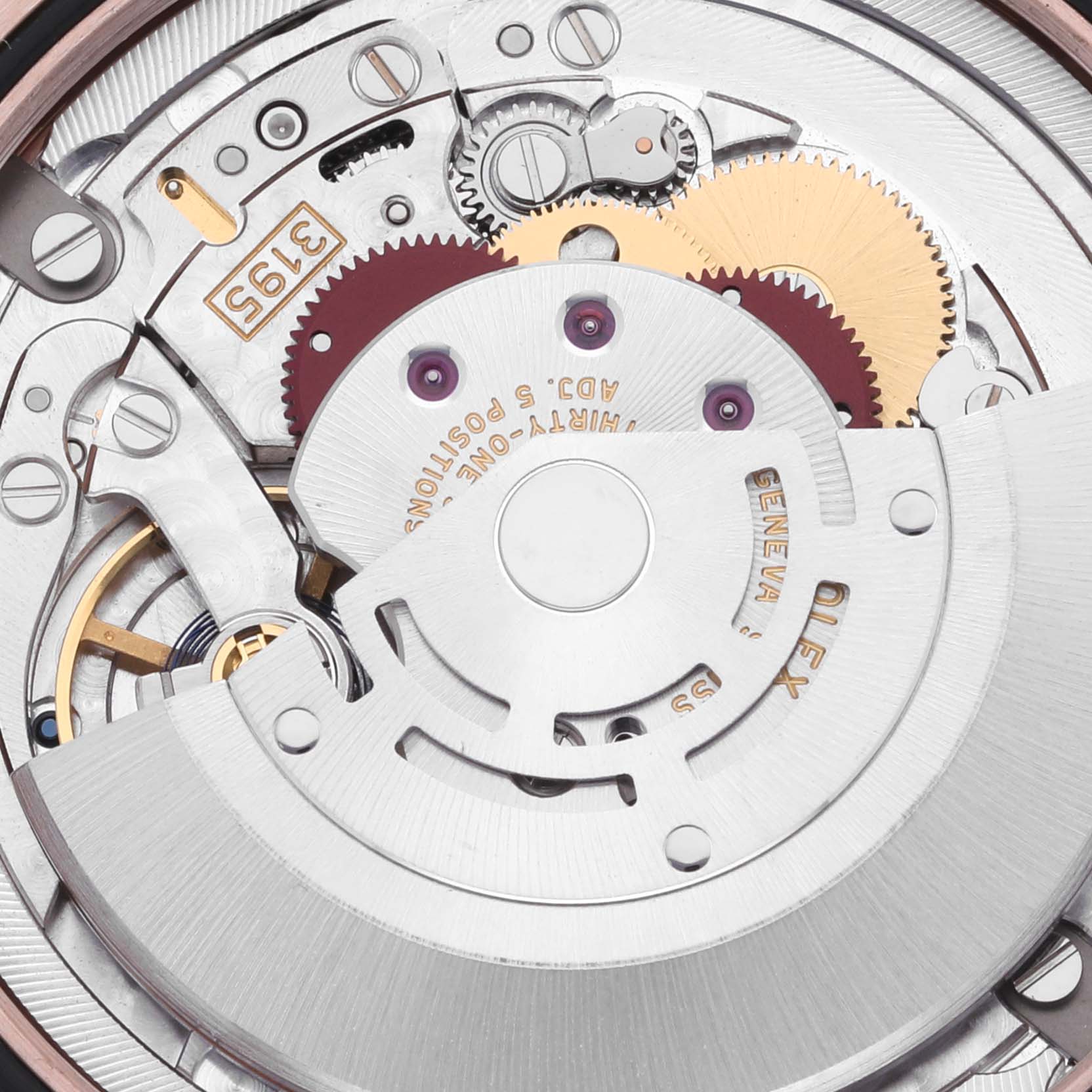The image shows the intricate internal movement components of a Rolex Cellini 50535 Men's Rose Gold White Dial 50535 Men's Rose Gold White Dial watch from a close-up angle.