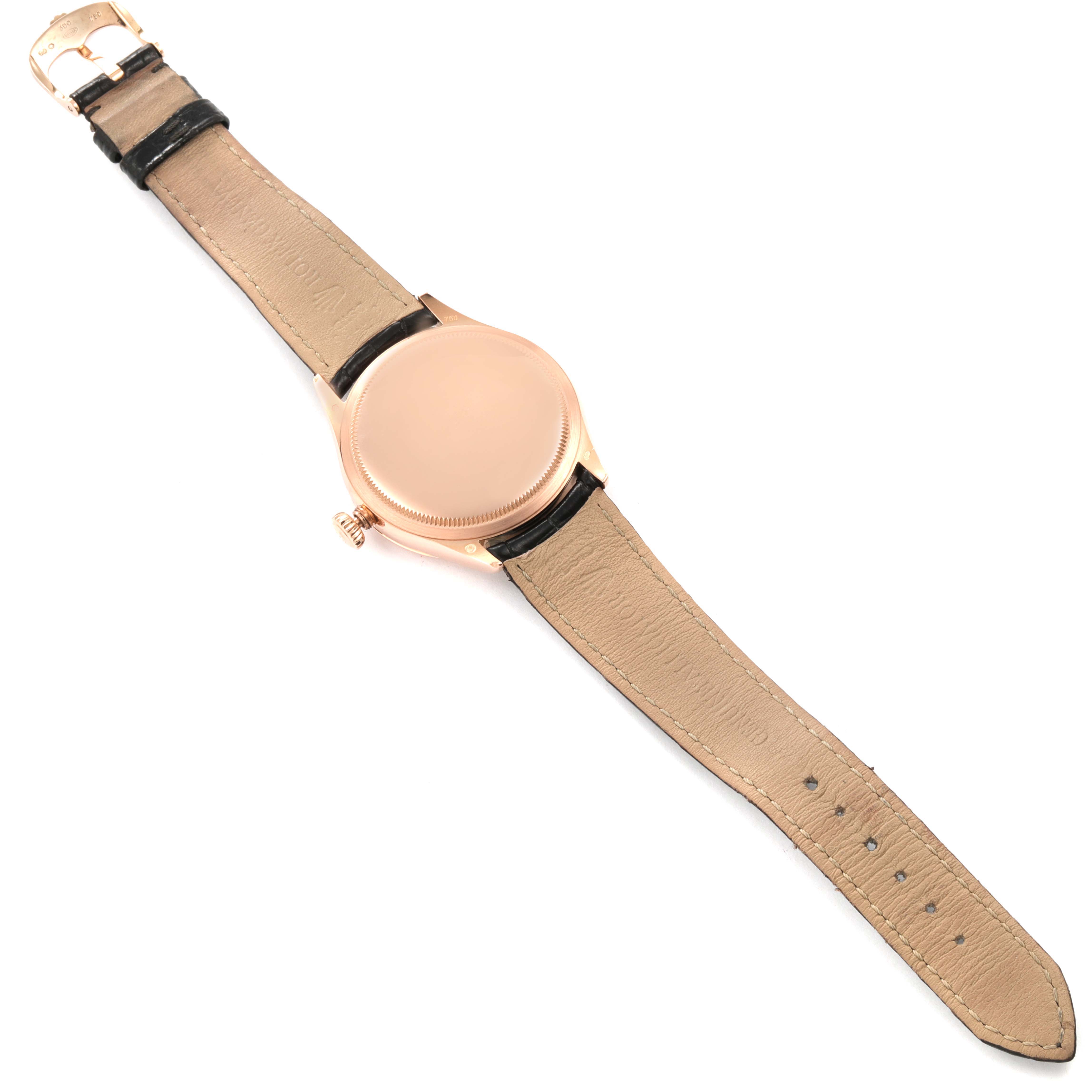 This image shows the back view of a Rolex Cellini 50505 Men's Rose Gold White Dial 50505 Men's Rose Gold White Dial watch, displaying the case back, crown, and leather strap.