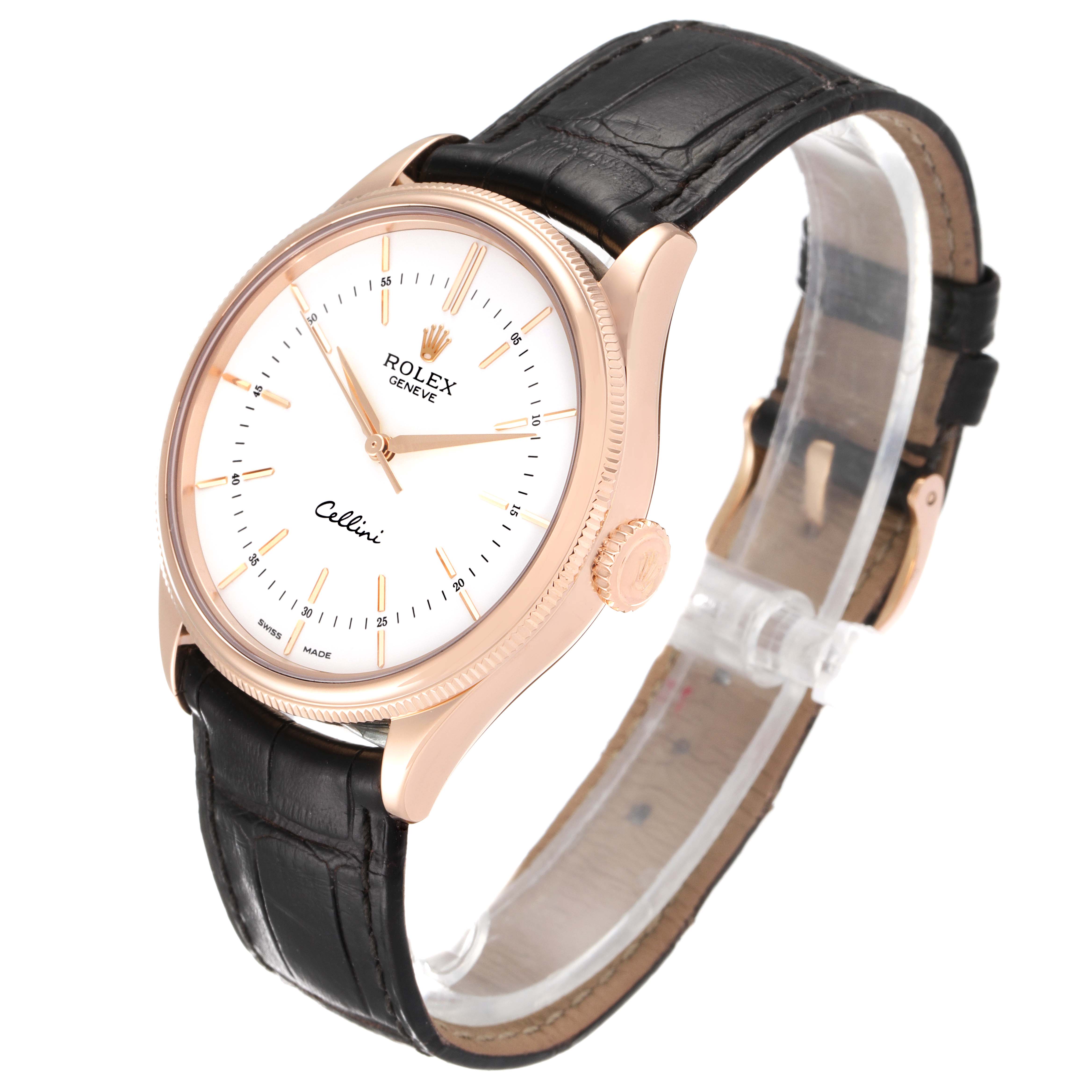 This image shows a Rolex Cellini 50505 Men's Rose Gold White Dial 50505 Men's Rose Gold White Dial watch viewed from an angled perspective, highlighting its face, crown, and black leather strap.